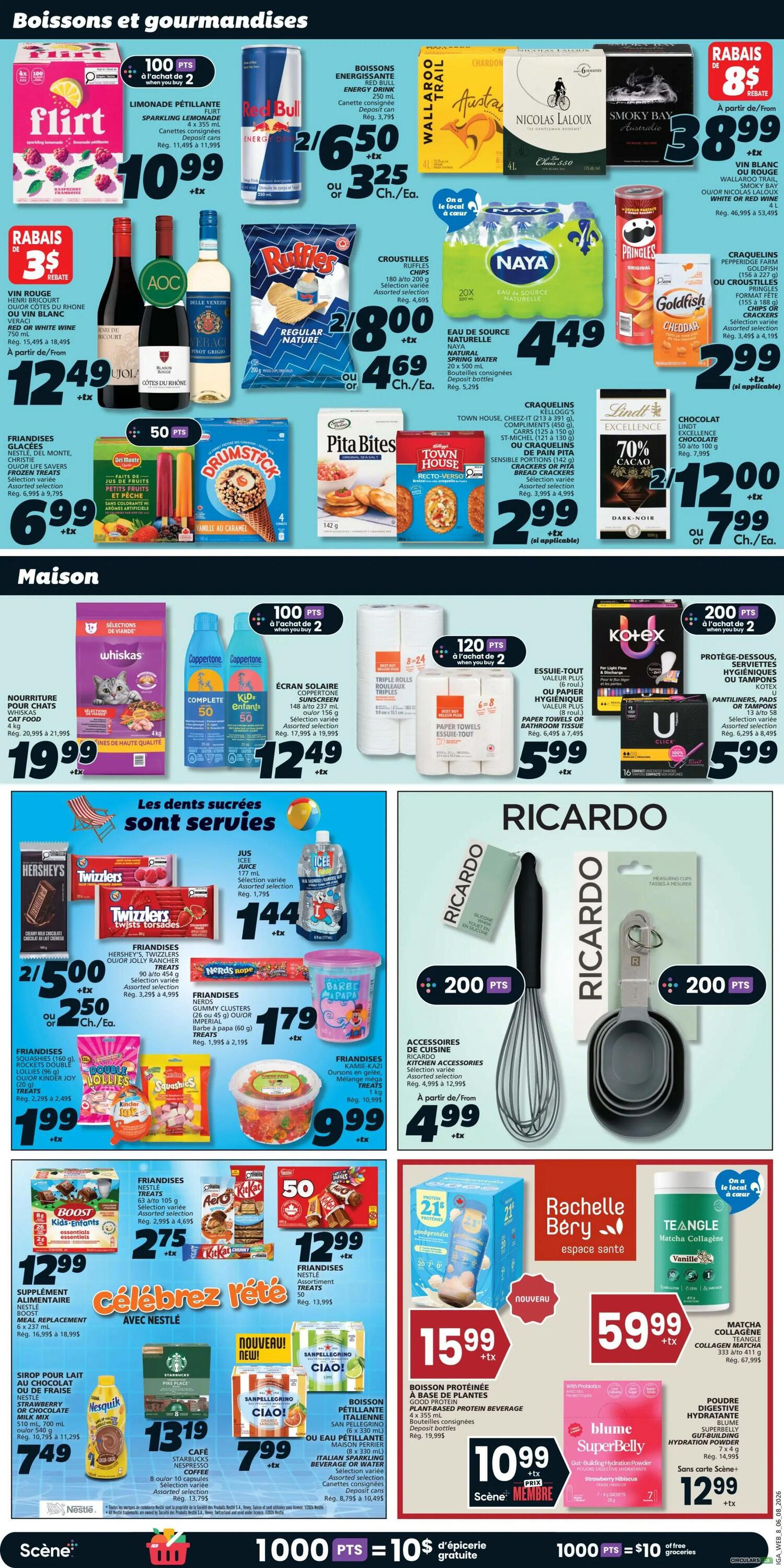 Page 10 of the IGA flyer features a wide selection of beverages and snacks. Top section highlights 'Boissons et gourmandises' with deals on Flirt sparkling lemonade at 2 for $6.50, Red Bull energy drink, Wallaroo Trail and Nicolas Laloux wines, and Smoky Bay Australian wine. Also featured are Ruffles chips at 2 for $8.00, Naya natural spring water for $4.49, and Goldfish crackers or Pringles chips for $2.99. Lindt Excellence chocolate bars are on sale at 2 for $12.00. The 'Maison' section includes Whiskas cat food for $19.99, Coppertone sunscreen and Kleenex paper towels for $12.49 and $5.99 respectively. Kotex pantyliners and pads are $5.99. The 'Les dents sucrées sont servies' section offers Hershey's or Twizzlers treats at 2 for $5.00, various frozen treats like Frioandises and Drumstick ice cream for $6.99, and Barbe à Papa gummy clusters for $1.79. Also available are Town House crackers or Pita Bites for $2.99. The bottom section showcases Nesquik syrup for $7.49, San Pellegrino beverages for $7.99, and plant-based protein beverages for $15.99. Kitchen accessories from Ricardo are available starting at $4.99. Other items include Nestle nutritional treats for $12.99, Blume Superbelly hydration powder for $12.99, and Teangle Matcha Collagen for $59.99.