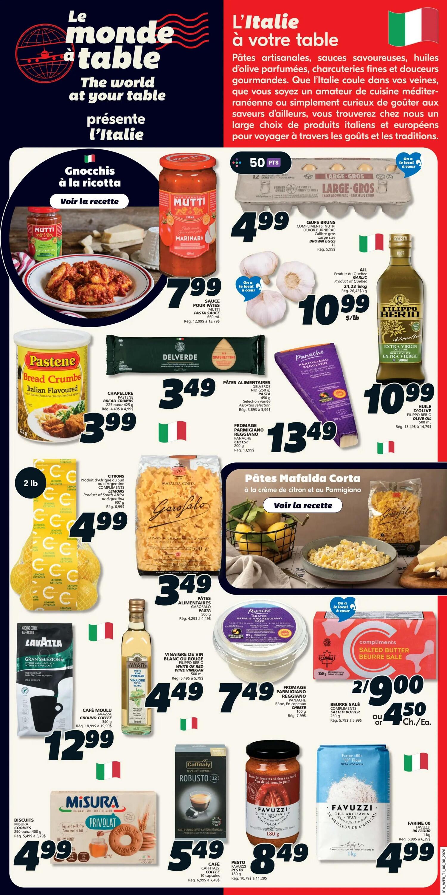 IGA Weekly Flyer Specials Page 12, featuring Italian-themed products. Highlights include Mutti Gnocchis with ricotta for $7.99, Mutti Marinara pasta sauce for $7.99, and Pastene Italian flavoured bread crumbs for $3.99. Also featured are large brown eggs for $4.99, Quebec garlic for $10.99/lb, and Filippo Berio Extra Virgin Olive Oil for $10.99. Delverde Spaghetti pasta is $3.49, Garofalo Mafalda Corta pasta is $3.49, and Panache Parmigiano Reggiano cheese is $13.49. Other items include 2 lb of lemons for $4.99, Lavazza Gran Selezioné ground coffee for $12.99, Filippo Berio white or red wine vinegar for $4.49, Compliments salted butter for 2 for $9.00, Misura Privolat biscuits for $4.99, Caffitaly Robusto coffee for $5.49, Favuzzi sun-dried tomato pesto for $8.49, and Favuzzi 00 flour for $4.99.