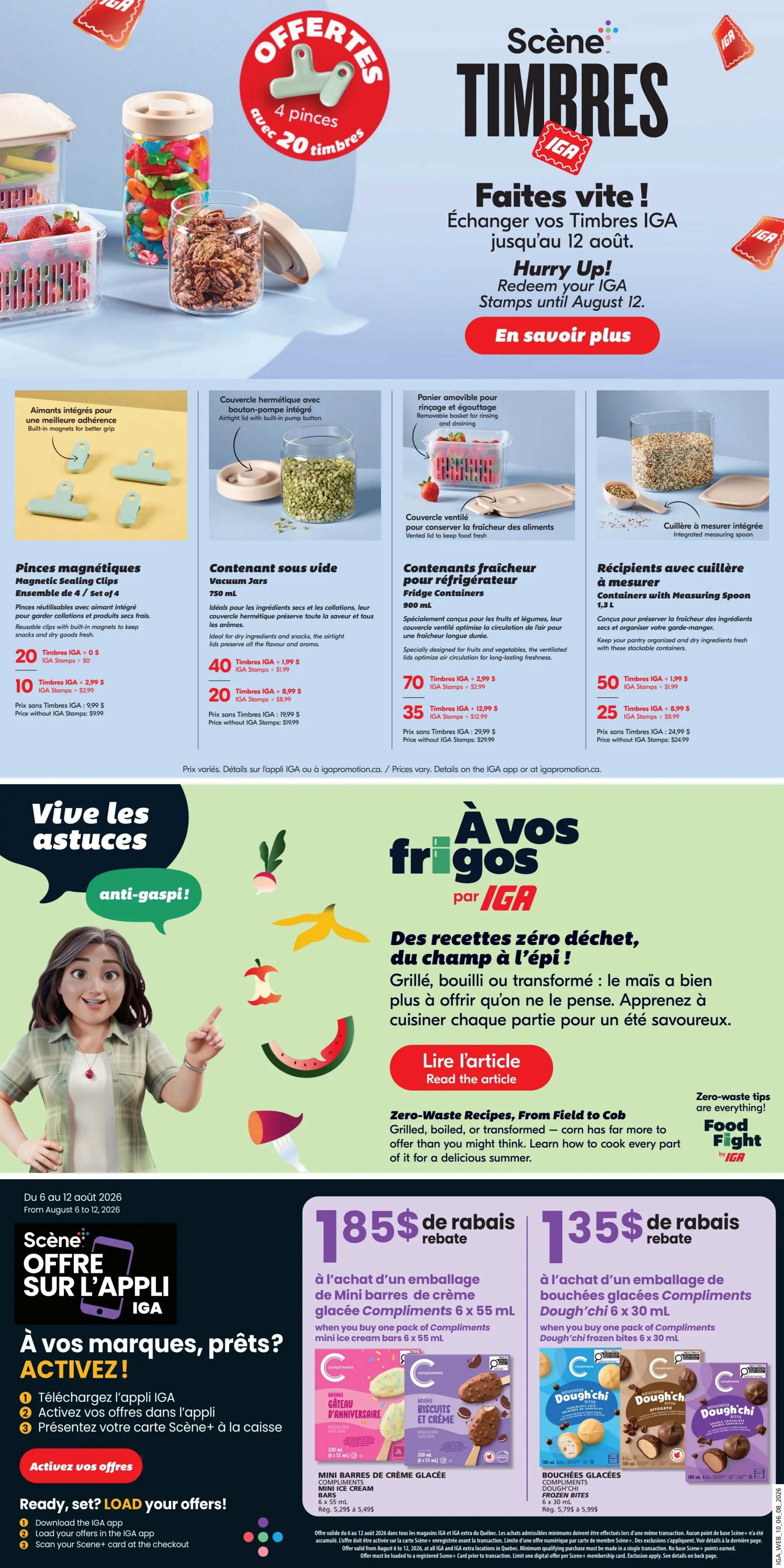IGA Weekly Flyer Specials, Page 13. This page features the 'Scène Timbrés IGA' promotion, offering a chance to redeem IGA Stamps until August 12. Featured items include Magnetic Sealing Clips (4 pieces for 20 stamps, or $2.99 with 10 stamps), 750 ml Vacuum Jars (40 stamps for $5.99, or 20 stamps for $8.99), and 900 ml Fridge Containers (70 stamps for $12.99, or 35 stamps for $12.99). Also available are 1.3 L Containers with Measuring Spoon (50 stamps for $1.99, or 25 stamps for $8.99). The page also highlights 'Vive les astuces anti-gaspi!' (Live the anti-waste tips!) with a section on zero-waste recipes from field to cob, featuring corn. Additionally, there are offers on Compliments mini ice cream bars (55 ml) with a $1.85 rebate when you buy one pack, and Compliments Dough'chi frozen bites (30 ml) with a $1.35 rebate when you buy one pack. The bottom section promotes downloading the IGA app to activate offers and load them onto your Scene+ card.