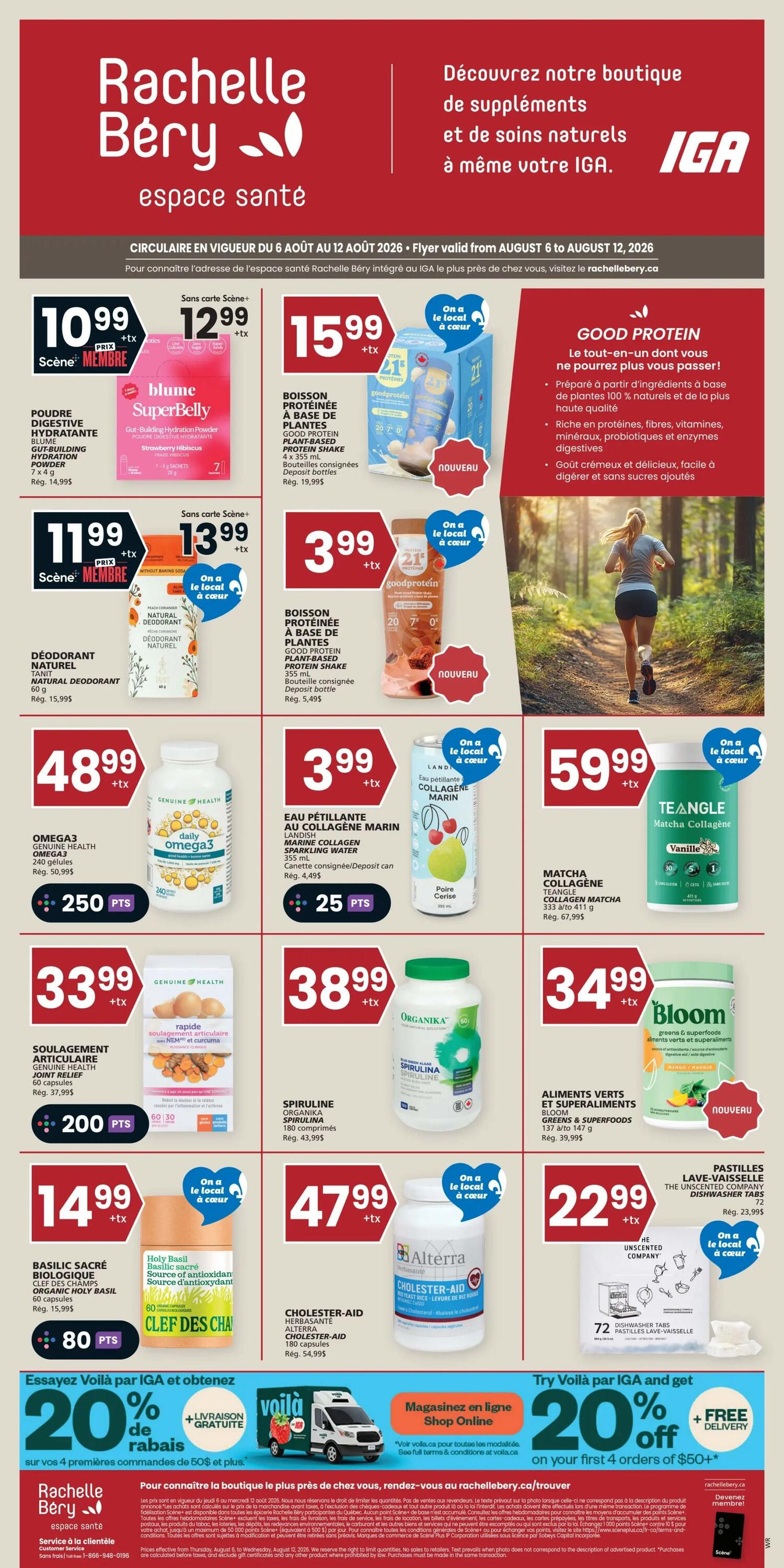 Page 14 of the IGA flyer featuring Rachelle Bery's health and natural product boutique. Offers include Blume SuperBelly Gut-Building Hydration Powder for $10.99 (member price) or $12.99, Good Protein Plant-Based Protein Shake for $15.99, and Natural Deodorant for $11.99 (member price) or $13.99. Also featured are Genuine Health Omega3 for $48.99, Landish Marine Collagen Sparkling Water for $3.99, and Teangle Matcha Collagen for $59.99. Other deals include Organika Spiruline for $38.99, Bloom Greens & Superfoods for $34.99, and The Unscented Company Dishwasher Tabs for $22.99. Additionally, Holy Basil Organic Holy Basil Source of Antioxidant capsules are $14.99 and Alterra Herbals Cholester-Aid is $47.99. The bottom section highlights an offer for 20% off and free delivery on your first 4 orders of $50+ from Voilà by IGA. The flyer is valid from August 6 to August 12, 2026.