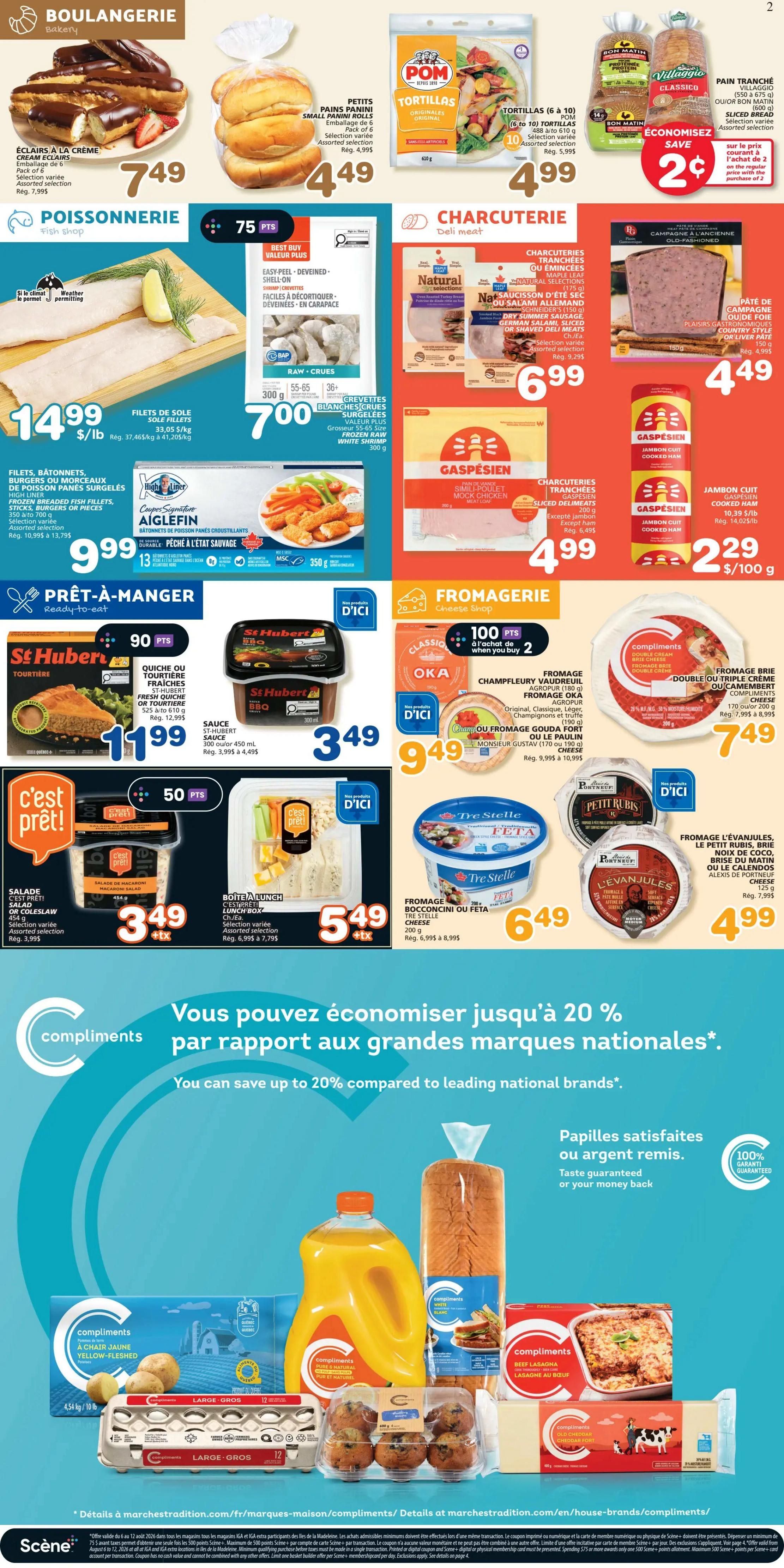 IGA Weekly Flyer Specials Page 3: Bakery section features éclairs à la crème for $7.49 and small panini rolls for $4.49. Fish section offers sole fillets for $14.99/lb and raw white shrimp for $7.00. Deli meat section includes sliced deli meats for $6.99 and old-fashioned pâté for $4.49. Gaspesien offers cooked ham for $4.99 and sliced deli meat for $2.29/100g. Ready-to-eat section has St-Hubert tourtière or quiche for $11.99, St-Hubert sauce for $3.49, C'est prêt! salad for $3.49, and C'est prêt! lunch box for $5.49. Cheese section features Oka or Champfleury cheese for $9.49, Monsieur Gustav cheese for $9.49, Tre Stelle Bocconcini or Feta cheese for $6.49, and Fromage l'Évanouies, Le Petit Rubis, Brie, Noix de coco, or Brie au matin cheese for $4.99. Compliments brand products include yellow-fleshed potatoes, pure and natural orange juice, white bread, beef lasagna, cheddar cheese, and muffins. A banner highlights 'You can save up to 20% compared to leading national brands' with 'Taste guaranteed or your money back' and '100% quality guaranteed'.