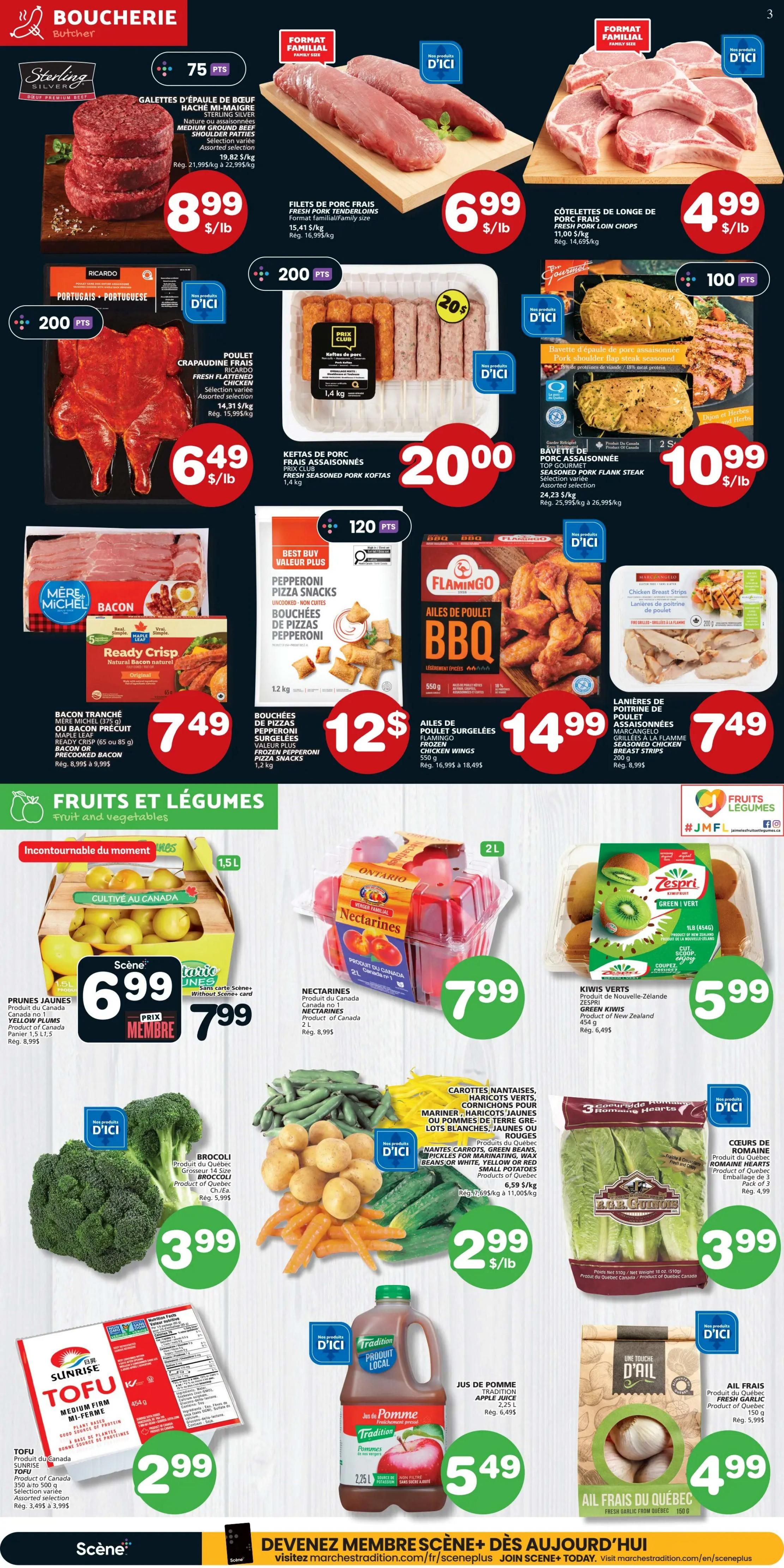 Page 4 of the IGA flyer featuring butcher specials and fresh produce. Butcher items include Sterling Silver medium ground beef shoulder patties for $8.99/lb, fresh pork tenderloins for $6.99/lb, fresh pork loin chops for $4.99/lb, fresh flattened chicken for $6.49/lb, fresh seasoned pork koftas for $20.00, and Flamingo frozen chicken wings for $14.99. Also available are Mother Michel Maple Leaf pre-cooked bacon for $7.49 and Best Buy Value Plus frozen pepperoni pizza snacks for $12.00. Produce highlights include Ontario nectarines for $7.99, Zespri Green Kiwis for $5.99, Scene+ yellow plums for $6.99 (member price $7.99), broccoli for $3.99, Nantes carrots, green beans, pickles, yellow or red small potatoes for $2.99/lb, Sunrise medium firm tofu for $2.99, Tradition apple juice for $5.49, and fresh garlic from Quebec for $4.99.