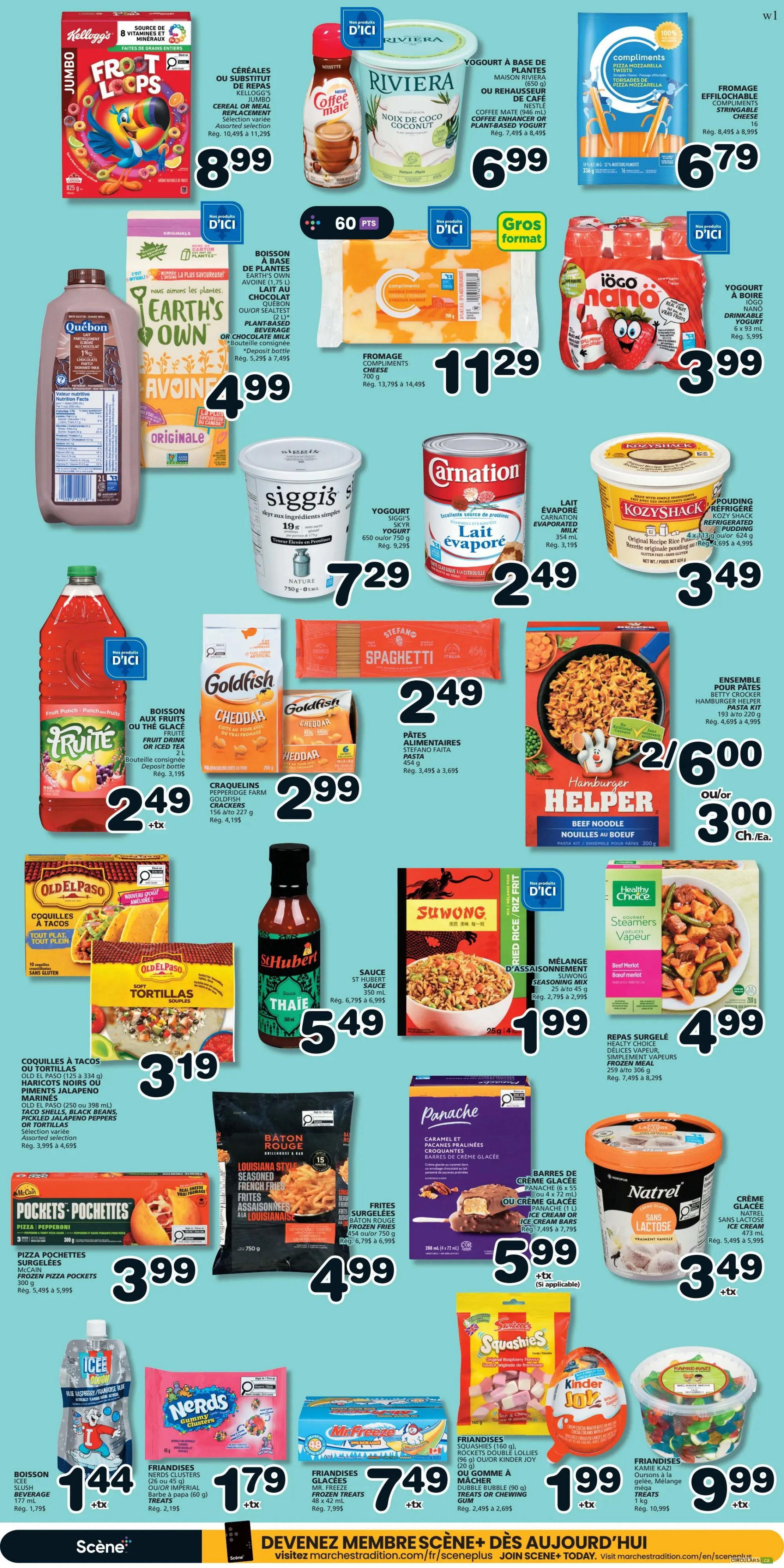 Page 5 of the IGA flyer features a variety of grocery items. Top row includes Kellogg's Jumbo Frosty Loops cereal for $8.99, Riviera Coffee Mate Noix de Coco Coconut Creamer for $6.99, and Compliments Mozzarella String Cheese for $6.79. Middle row showcases Quebec Originale Chocolate Milk for $4.99, Earth's Own Plant-Based Drink (Chocolate or Original) for $4.99, Compliments Cheddar Cheese for $11.29, and Iögo Nana Strawberry Yogurt Drink 6-pack for $3.99. Also featured are Siggis 19g Protein Yogurt for $7.29, Carnation Evaporated Milk for $2.49, and Kozy Shack Refrigerated Pudding for $3.49. Bottom section highlights Fruit Punch or Iced Tea for $2.49, Goldfish Cheddar Crackers for $2.99, Stefano Spaghetti Pasta for $2.49, Hamburger Helper Beef Noodle for 2 for $6.00 or $3.00 each, Old El Paso Tortillas or Taco Shells for $3.19, St Hubert Thai Sauce for $5.49, Suwong Seasoning Mix for $1.99, and Healthy Choice Steamed Vegetables for $4.99. Further down are McCain Frozen Pizza Pockets for $3.99, Louisiana Style Seasoned French Fries for $4.99, Panache Caramel or Chocolate Ice Cream Bars for $5.99, and Natrel Lactose-Free Vanilla Ice Cream for $3.49. The bottom row displays Iced Tea Slush for $1.44, Nerds Clusters Candy for $1.79, Mr. Freeze Frozen Treats for $7.49, Squishies Candy for $1.99, and Kinder Joy Eggs for $1.99. Lastly, Kamie Gummy Bears are available for $9.99.