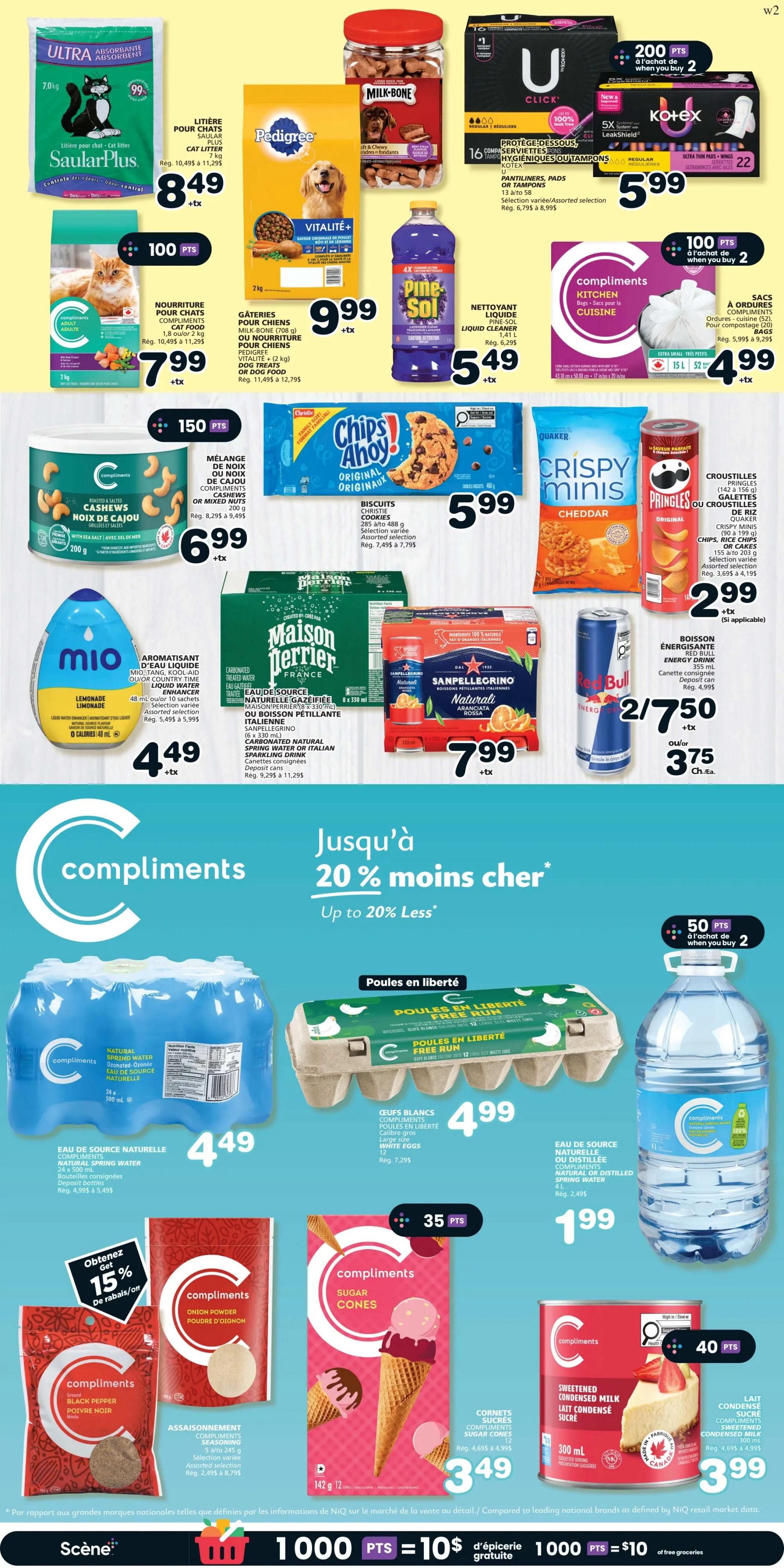IGA Weekly Flyer Specials Page 6: Features SaularPlus Ultra Absorbent Cat Litter 7 kg for $8.49, Milk-Bone Vitality+ Dog Biscuits 2 kg for $9.99, and Pine-Sol Liquid Cleaner 1.8 L for $5.49. Also available are Compliments Adult Cat Food 2 kg for $7.99, Chips Ahoy! Original Cookies 408 g for $5.99, Quaker Crispy Minis Cheddar 142 g for $5.99, and Pringles or Compliments Crisps 156 g to 165 g for $2.99. Drinks include Mio Liquid Water Enhancer Lemonade 48 mL for $4.49, San Pellegrino Natural Aranciata Rossa 6 x 330 mL for $7.99, and Red Bull Energy Drink 255 mL for 2 for $7.50 or $3.75 each. Other offers include Compliments Cashews 200 g for $6.99, Maison Perrier Carbonated Natural Spring Water or Italian Sparkling Drink 6 x 330 mL for $7.99. The flyer highlights 'Up to 20% Less' on select Compliments items. Featured are Compliments Natural Spring Water 24 x 500 mL for $4.49, Compliments Free Run White Eggs Large size for $4.99, and Compliments Natural or Distilled Spring Water 18.9 L for $1.99. Also on sale are Compliments Onion Powder 245 g for $4.49, Compliments Black Pepper 142 g for $4.49, Compliments Sugar Cones 12 units for $3.49, and Compliments Sweetened Condensed Milk 300 mL for $3.99. Earn 1000 points for $10 of free groceries.