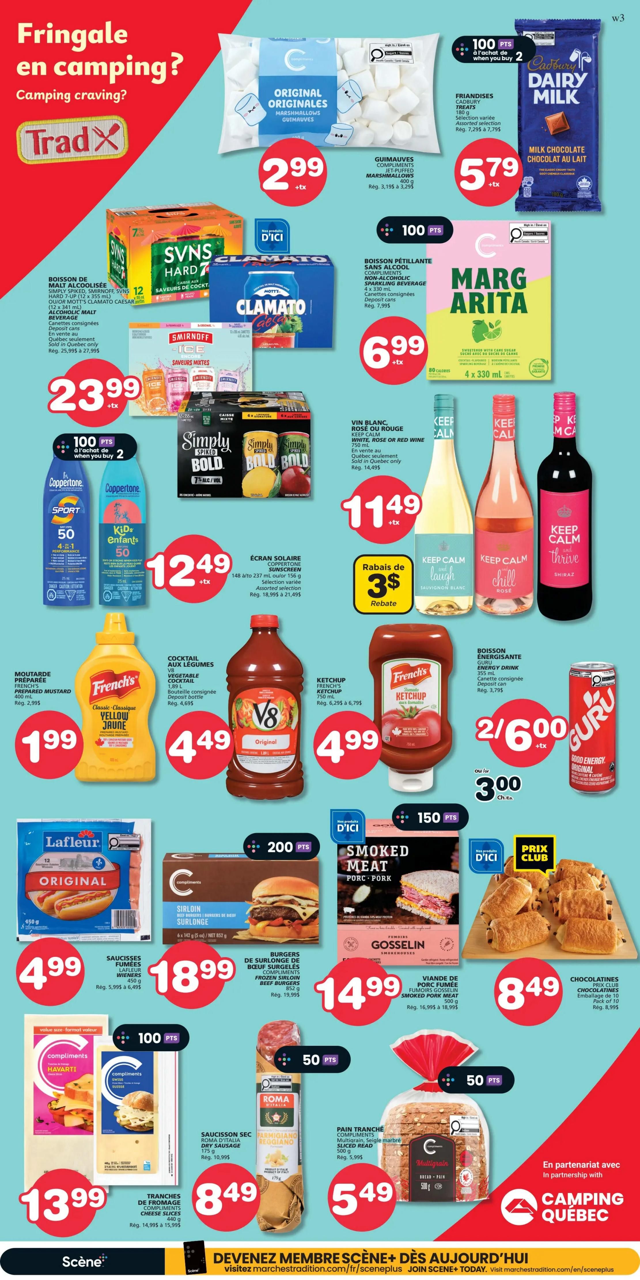 Page 7 of the IGA flyer for the Magdalen Islands features camping and craving specials. Top row includes TradX Original Marshmallows for $2.99, Friandises Cadbury Treats for $5.79, and Dairy Milk Chocolate for an unlisted price. Next, find Boisson Malt Alcoolisée Smirnoff Hard 7-Up or Clamato Caesar for $23.99, and a 4-pack of Motts Clamato for $6.99. Also featured is a 12-pack of Smirnoff Ice for $23.99. Other drinks include Simply Spiked Bold for $11.49 and a 4-pack of Margaritas for $6.99. Coppertone Sport and Kids Sunscreen are $12.49. The flyer also shows French's Prepared Mustard for $1.99, V8 Vegetable Cocktail for $4.49, and French's Ketchup for $4.99. Two bottles of Guru Energy Drink are $6.00, or 3 for $3.00. Bottom row highlights Lafleur Original Wieners for $4.99, Compliments Sirloin Beef Burgers for $18.99, Gosselin Smoked Pork Meat for $14.99, and Chocolatines for $8.49. Additional items include Compliments Havarti Cheese Slices for $13.99, Roma D'Italia Sec Sausage for $8.49, and Multigrain Sliced Bread for $5.49. The page also promotes Scene+ points and Camping Québec.