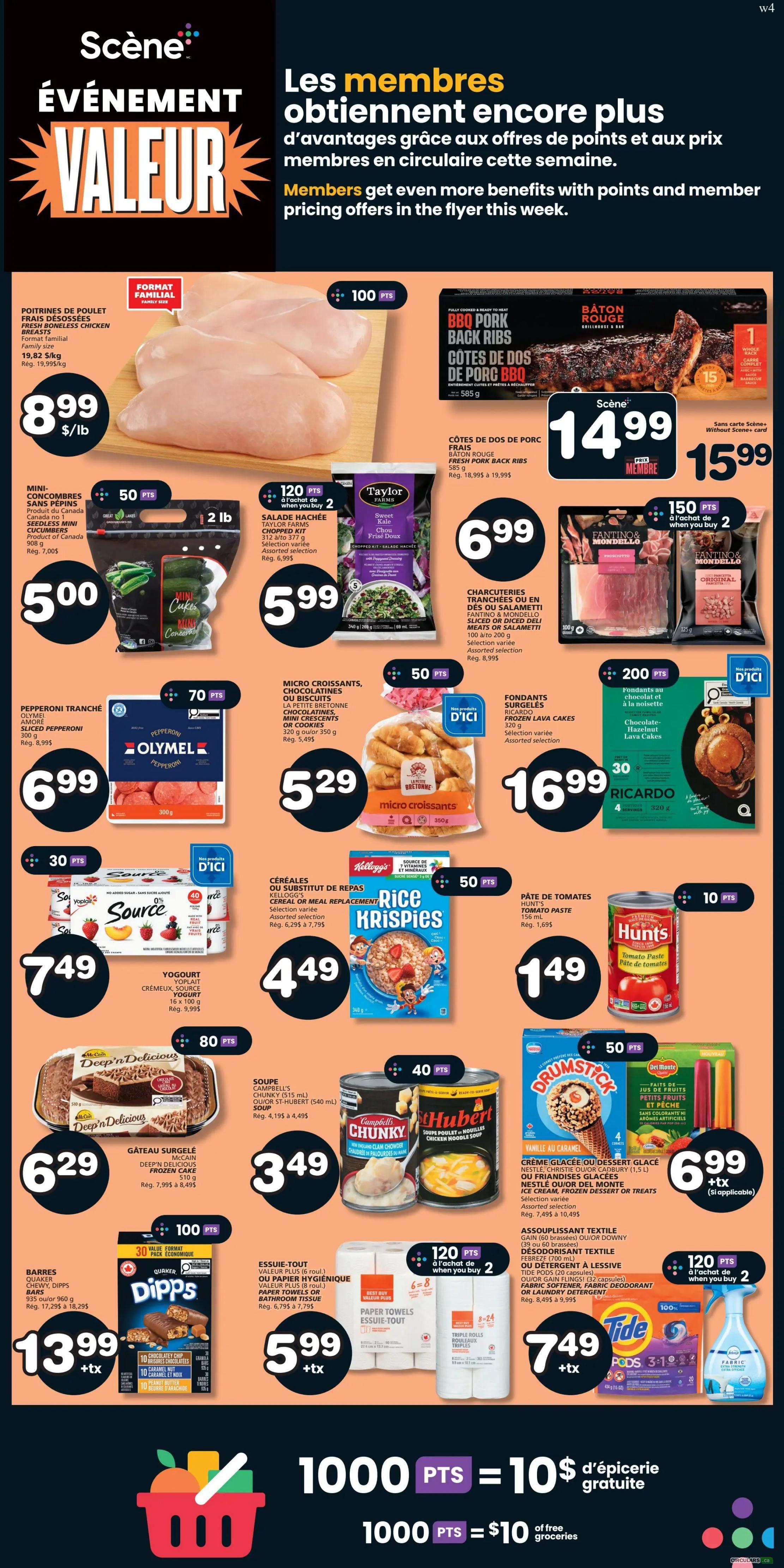 IGA flyer page 8 features a 'Value Event' with member benefits. Deals include Family Size Boneless Chicken Breasts for $8.99/lb, BBQ Pork Back Ribs for $14.99 (member price) or $15.99, and Fresh Rouge Pork Back Ribs for $6.99. Also available are Mini Cucumbers for $5.00, Taylor Farms Chopped Salad for $5.99 when you buy 2, Olymel Sliced Pepperoni for $6.99, D'ICI Micro Croissants for $5.29, Fantino & Mondello Sliced Meats or Salametti for $6.99, Ricardo Frozen Lava Cakes for $16.99, Source Yogurt for $7.49, Kellogg's Rice Krispies or other cereals for $4.49, Hunt's Tomato Paste for $1.49, McCain Deep'n Delicious Frozen Cake for $6.29, Campbell's Chunky or St-Hubert Soup for $3.49, Drumstick Ice Cream Cones for $6.99, Del Monte Fruit & Peach Popsicles for $6.99, Dipps Chocolate Bars for $13.99 + tax, Value Plus Paper Towels or Bathroom Tissue for $5.99 when you buy 2, Tide Pods or Gain Flings Laundry Detergent for $7.49 + tax, and Downy Fabric Softener for $7.49 + tax. The flyer also highlights a Scene+ points offer: 1000 points equals $10 in free groceries.