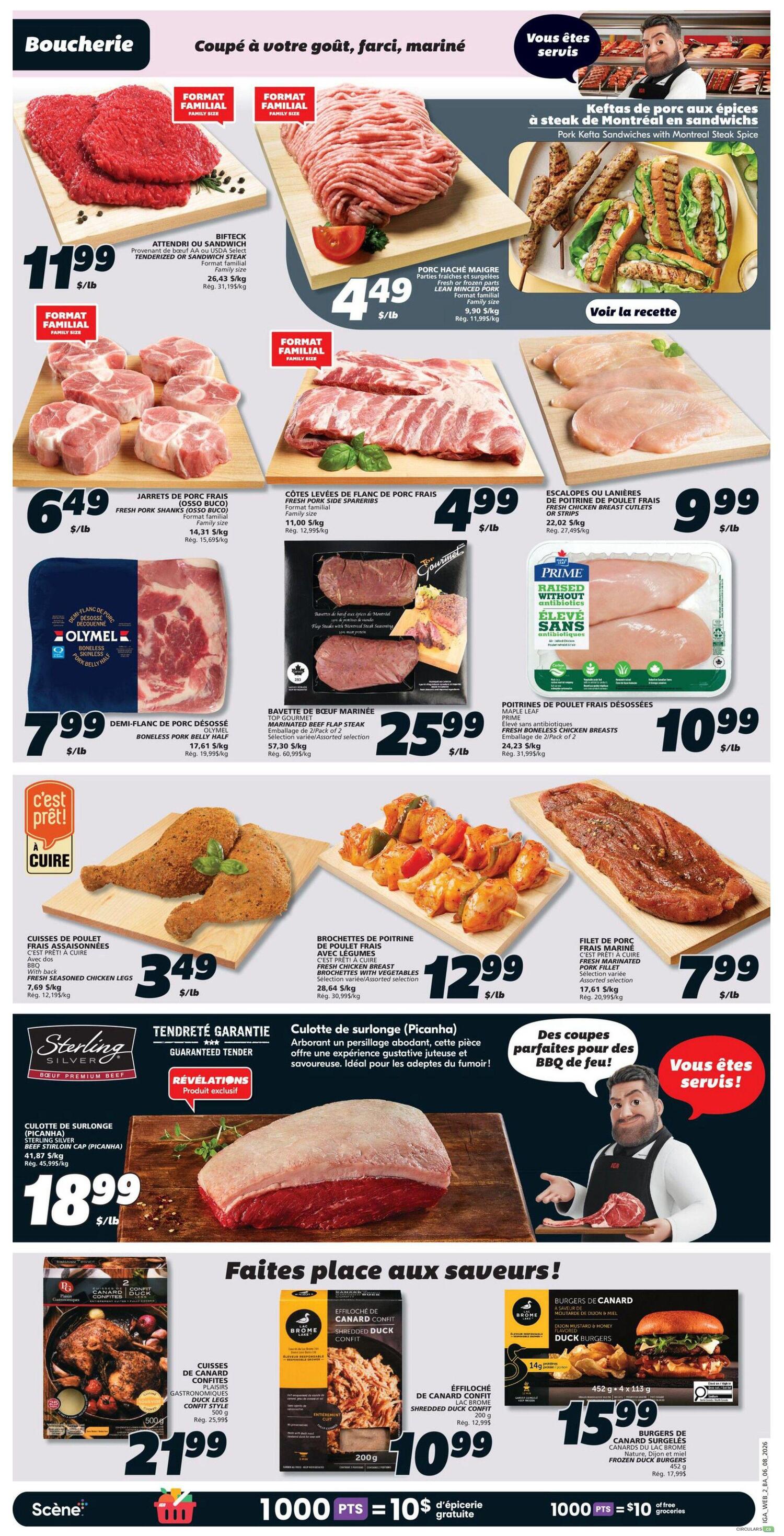 IGA Weekly Flyer Specials Page 5: Features a variety of meat products. Top row includes Family Size Tenderized or Sandwich Steak for $11.99/lb, Family Size Lean Minced Pork for $4.49/lb, and Pork Kefta Sandwiches with Montreal Steak Spice. Middle row showcases Family Size Fresh Pork Shanks (Osso Buco) for $6.49/lb, Family Size Fresh Pork Side Spareribs for $4.99/lb, and Prime Fresh Boneless Chicken Breasts for $10.99/lb. Also featured is Olymel Boneless Pork Belly Half for $7.99/lb and Gourmet Marinated Beef Flap Steak for $25.99/lb. Bottom row includes 'Ready to Cook' Fresh Seasoned Chicken Legs for $3.49/lb, 'Ready to Cook' Fresh Chicken Breast Skewers with Vegetables for $12.99/lb, and 'Ready to Cook' Fresh Marinated Pork Fillet for $7.99/lb. A large Sterling Silver Beef Premium Beef Sirloin Cap (Picanha) is priced at $18.99/lb. The bottom section highlights 'Make room for our saviours!' with Duck Confit products: Gastronomic Duck Leg Confit for $21.99 and Shredded Duck Confit for $10.99. Finally, Frozen Duck Burgers are available for $15.99. The flyer also promotes 1000 Scene points for $10 in free groceries.