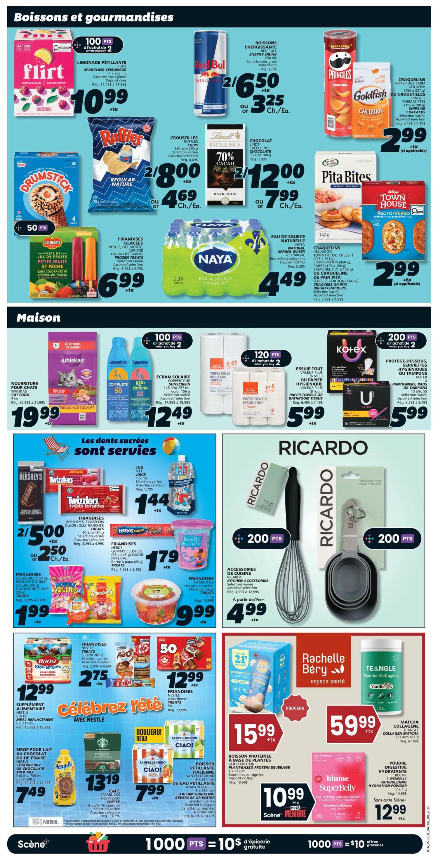 Page 11 of the IGA weekly flyer features a variety of beverages and snacks. Top section: Flirt sparkling lemonade for $10.99, Red Bull energy drink 2 for $6.50 or $3.25 each, Ruffles chips 2 for $8.00 or $4.69 each, Lindt Excellence chocolate 70% cacao 2 for $12.00 or $7.99 each, Pringles and Goldfish crackers for $2.99 each, Del Monte fruit bars for $6.99, and Naya natural spring water 20 x 500ml for $4.49. Middle section: Whiskas cat food 4kg for $19.99, Coppertone Complete or Kids sunscreen for $12.49, Triple Rolls paper towels 8-24 rolls for $5.99, and Kotex pantyliners or pads for $5.99. Bottom section: Hershey's, Twizzlers, or other treats 2 for $5.00 or $2.50 each, Nerds Rope or other candy for $1.79, Pringles or Town House crackers for $2.99, Boost Kids + Enfants nutritional supplement for $12.99, Nestlé assorted treats for $2.75, Nestlé assorted treats for $12.99, San Pellegrino Italian sparkling beverages 2 for $7.99 or $3.99 each, Good Protein plant-based protein beverage for $15.99 or $10.99 with Scene+ membership, and Rachelle Bery Matcha Collagen for $59.99. Also featured are Ricardo kitchen accessories like whisks and measuring cups, with 200 Scene+ points when you buy 2. A special offer at the bottom states 1000 Scene+ points equals $10 in free groceries.