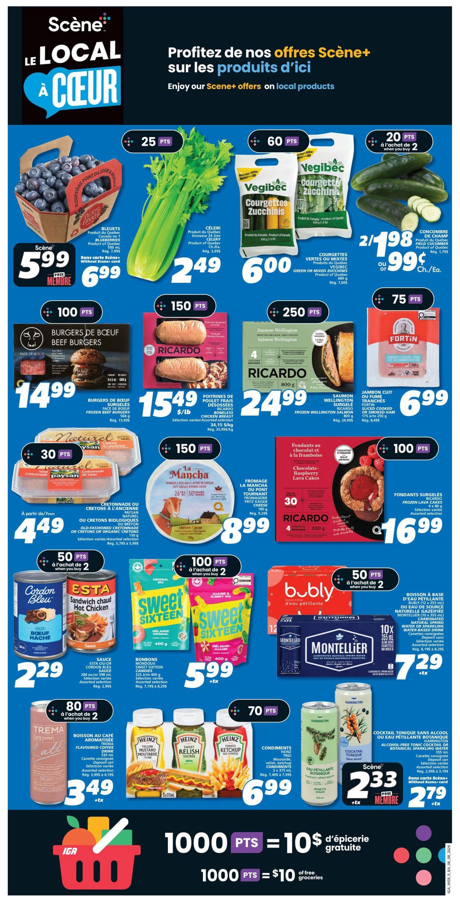 IGA Weekly Flyer Specials Page 12 featuring Scene+ offers on local products. Pictured are: Blueberries for $5.99 (member price $6.99), Celery for $2.49, Vegibéc Zucchini for $6.00, and Green or Mixed Zucchini for $6.00. Also featured are Beef Burgers for $14.99, Ricardo Chicken Breast for $15.49, and Fortin Sliced Cooked Ham for $6.99. Ricardo Salmon Wellington is $24.99. La Mancha Goat Cheese is $8.99. Ricardo Chocolate-Raspberry Lava Cakes are $16.99. Cordon Bleu Sandwich Hot Chicken is $2.29. Sweet Sixteen Gummy Mix is $5.99. Bubly sparkling water is 2 for $9.99. Montellier Natural Spring Water is 2 for $7.29. Trema Flavoured Coffee Drink is $3.49. Heinz Condiments including Yellow Mustard, Sweet Relish, and Ketchup are $6.99 for a 3-pack. Harrington Cocktail Tonique or Botanical Sparkling Water is $2.33 (member price $2.79). Earn 1000 Scene+ points for $10 in free groceries.