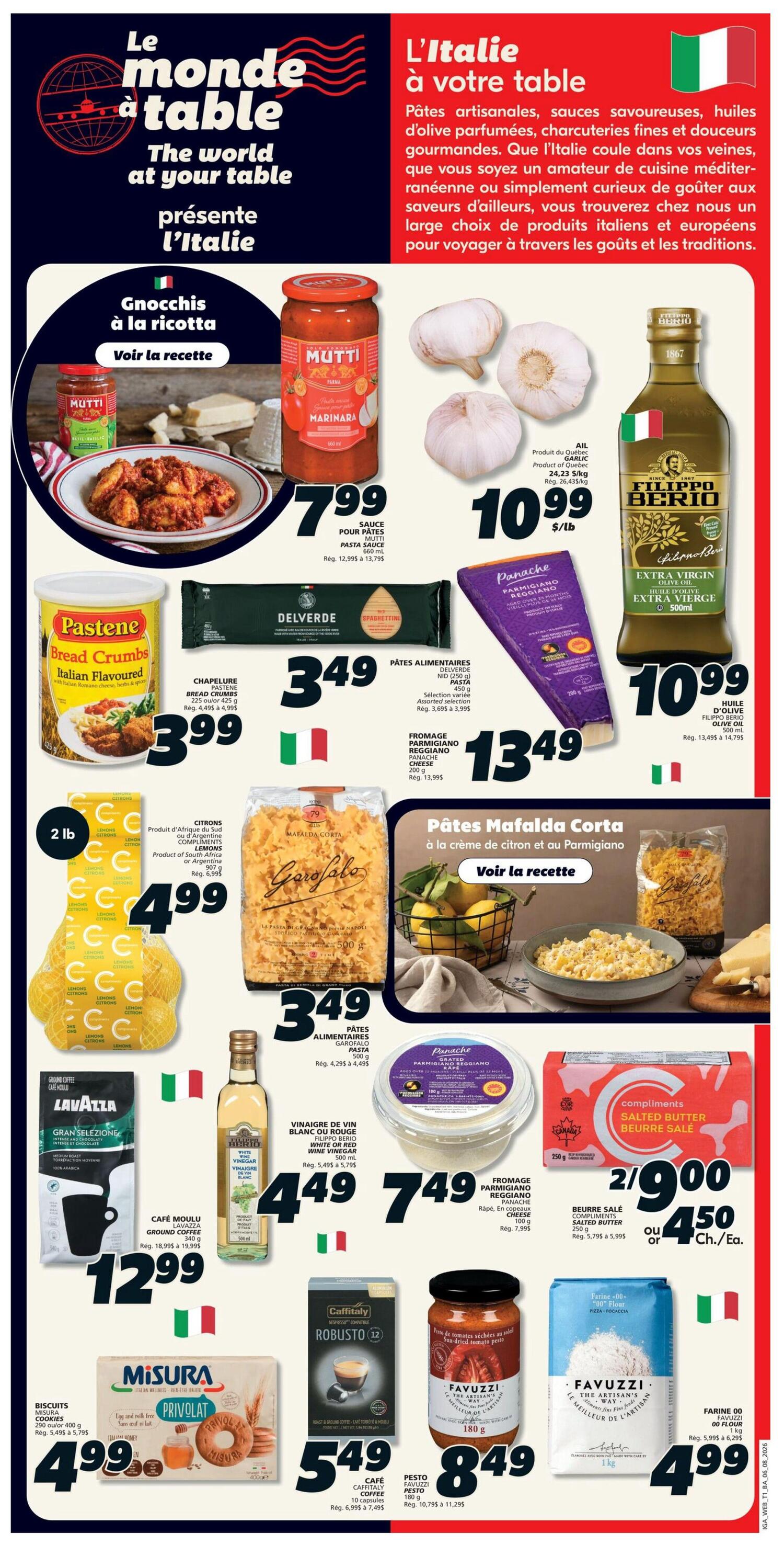 IGA weekly flyer specials page 13, featuring 'Le monde à table' Italian theme. Products include Mutti Marinara pasta sauce for $7.99, Pastene Italian Flavoured Bread Crumbs for $3.99, Delverde Spaghetti pasta for $3.49, Garofalo Mafalda Corta pasta for $3.49, Lavazza Gran Selezioné ground coffee for $12.99, Filippo Berio Extra Virgin Olive Oil for $10.99, and a selection of Italian cheeses including Panache Parmigiano Reggiano for $13.49 and another for $7.49. Also featured are lemons for $4.99, White or Red Wine Vinegar for $4.49, Compliments Salted Butter for 2 for $4.50, Caffeitaly Robusto coffee capsules for $5.49, Favuzzi sun-dried tomato pesto for $8.49, Misura Privolat cookies for $4.99, and Favuzzi Farine 00 flour for $4.99.