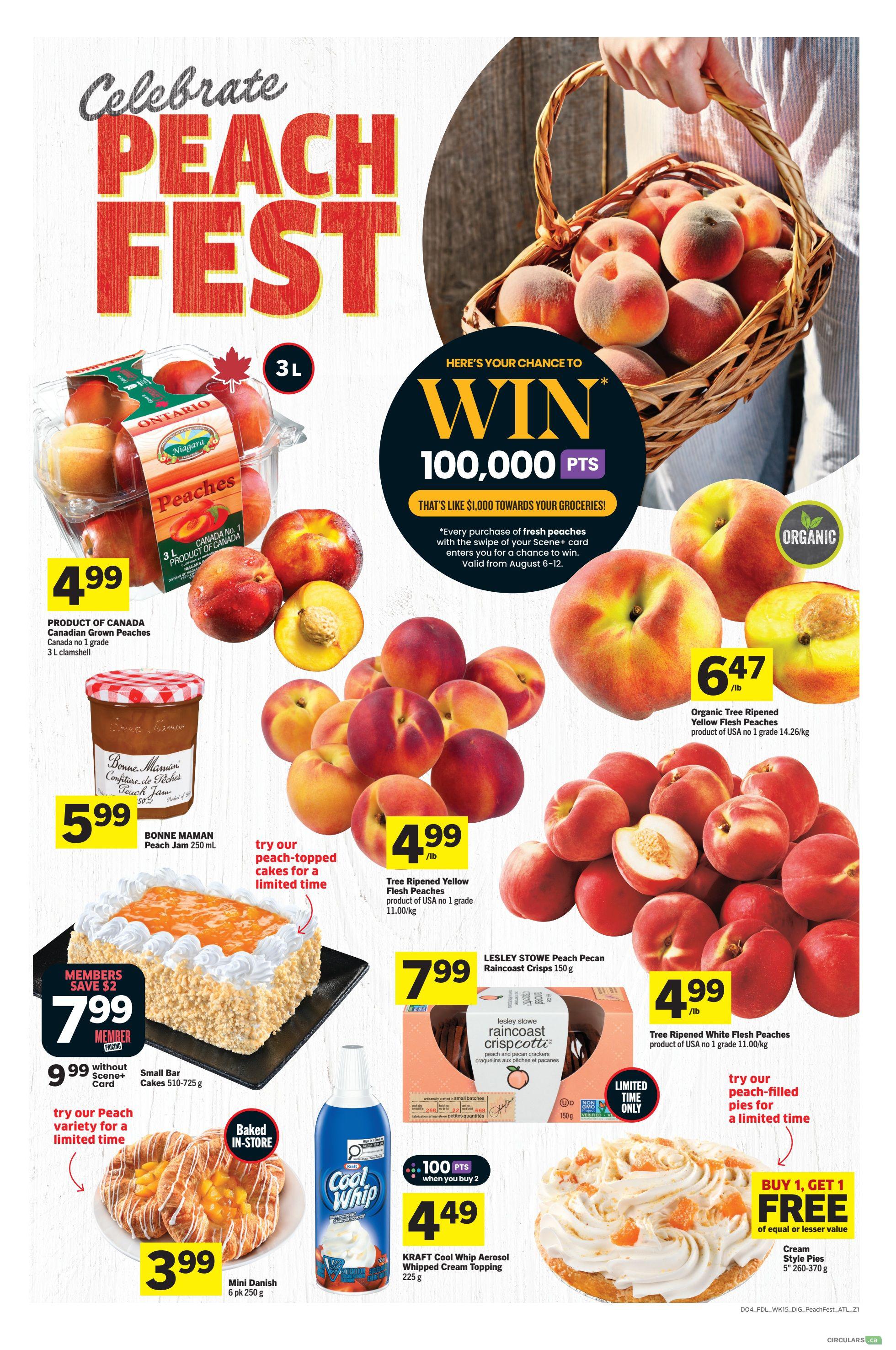 Foodland weekly flyer specials, page 8, featuring a 'Celebrate Peach Fest' theme. Highlights include Canadian grown peaches, 3L clamshell for $4.99. Bonne Maman Peach Jam 250 mL is $5.99. Tree Ripened Yellow Flesh Peaches are $4.99/lb. Organic Tree Ripened Yellow Flesh Peaches from the USA are $6.47/lb. A chance to win 100,000 points with fresh peach purchases. Baked in-store items include Small Bar Cakes for $7.99 (member price) or $9.99 without Scene+ card, and Mini Danish for $3.99. Lesley Stowe Peach Pecan Raincoast Crisps are $7.99. Kraft Cool Whip Aerosol Whipped Cream Topping is 2 for $4.49 with 100 bonus points when you buy 2. Also featured is a 'Buy 1, Get 1 Free' offer on Cream Style Pies (5' 260-370 g).