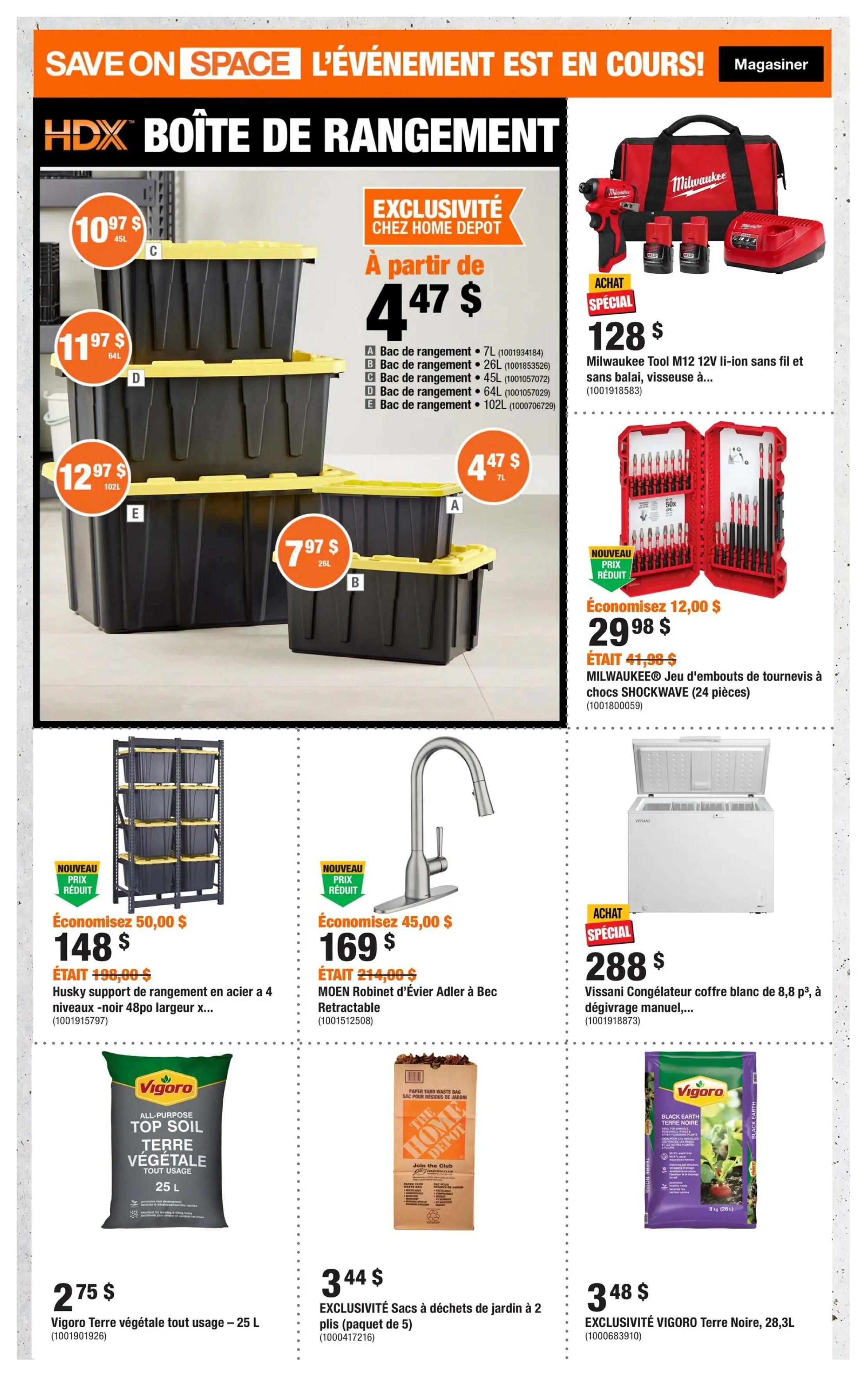 Home Depot flyer page 2 features storage solutions and tools. The HDX storage bins are on sale starting at $4.47 for a 7L bin, with other sizes available including 26L, 45L, 64L, and 102L priced at $10.97, $11.97, and $12.97. A Milwaukee Tool M12 12V li-ion cordless drill kit is a special purchase at $128. Also featured is a Milwaukee Shockwave 24-piece screwdriver bit set, on sale for $29.98 (save $12.00). Other deals include a Husky 4-tier steel shelving unit for $148 (save $50.00), and a MOEN Adler retractable kitchen faucet for $169 (save $45.00). Gardening supplies are also available: Vigoro All-Purpose Top Soil (25L) is $2.75, The Home Depot paper yard waste bags (5-pack) are $3.44, and Vigoro Black Earth Soil (28.3L) is $3.48. A Wissani 8.8 cu. ft. chest freezer is a special purchase at $288.