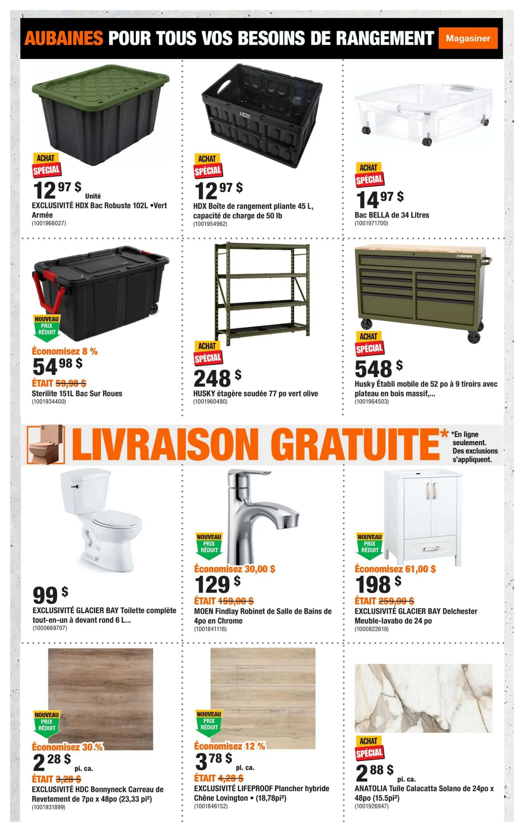 Home Depot Quebec flyer specials page 4 features storage solutions and bathroom fixtures. Special buys include the HDX Robust 102L Army Green bin for $12.97, a 45L folding storage bin for $12.97, and a 34 Litre Bella clear rolling bin for $14.97. Also featured is a Sterilite 151L 4-wheel storage bin on sale for $54.98 (save 8%), and a welded 77-inch olive green Husky shelving unit for $248. A Husky 52-drawer mobile tool chest with a solid wood top is $548. The page highlights free shipping on select items. Bathroom items on sale include the Glacier Bay complete round-front toilet for $99, a Moen Findlay bathroom faucet in chrome for $129 (save $30), and a Glacier Bay Delchester 24-inch vanity cabinet for $198 (save $61). Flooring options include HDC Bonnyneck 7x48 inch vinyl plank flooring for $2.28 per sq ft (save 30%), and LIFEPROOF Chennington hybrid vinyl plank flooring for $3.78 per sq ft (save 12%). Anatolia Calacatta Solano 24-inch tile is available for $2.88 per sq ft.