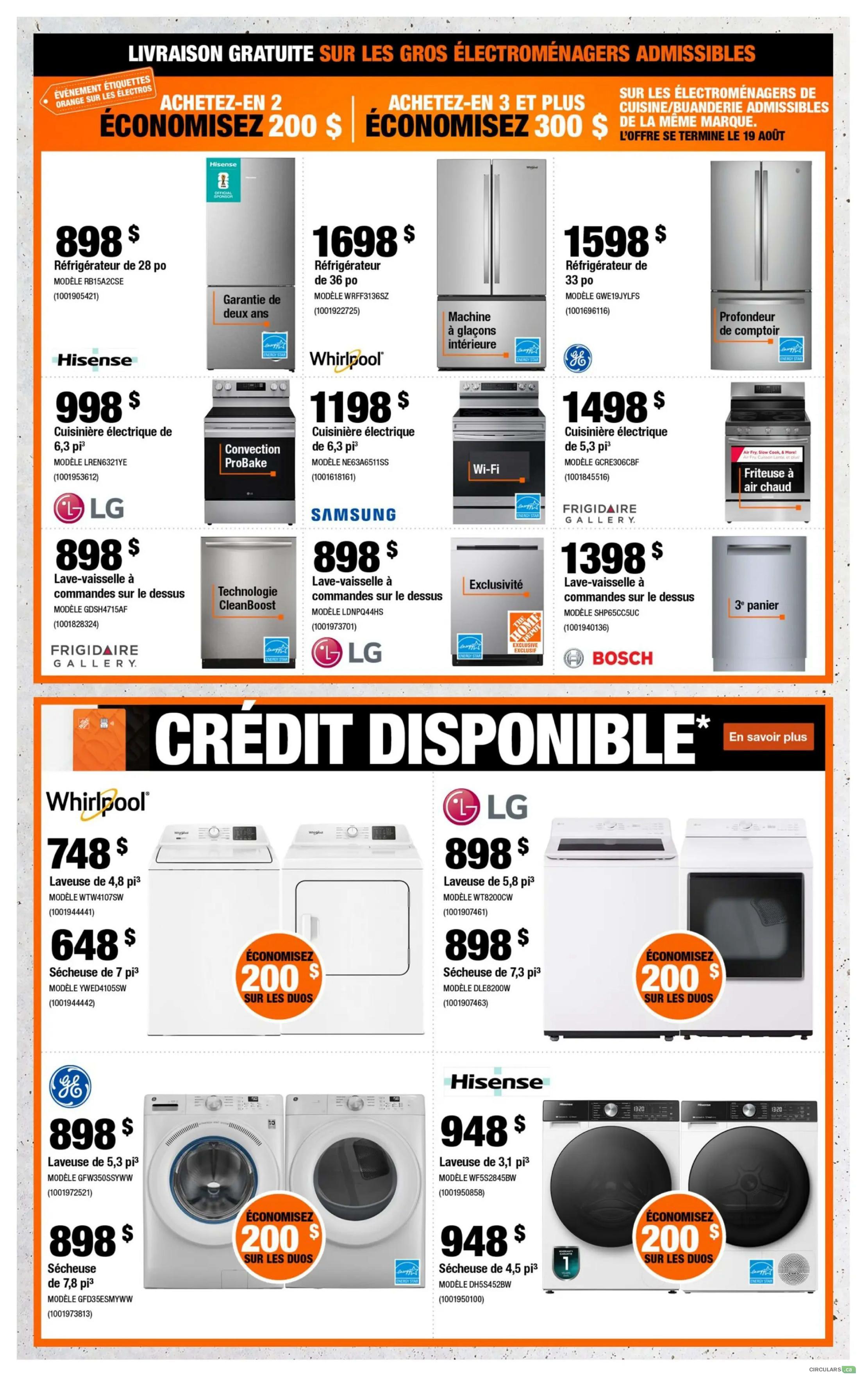 Home Depot flyer specials page 5. Features free delivery on eligible large appliances. Save $200 when you buy 2 eligible appliances or save $300 when you buy 3 or more eligible appliances of the same brand, offer ends August 19. Featured products include a Hisense refrigerator for $898, a Whirlpool 36 cu. ft. refrigerator for $1698, a GE refrigerator for $1598, and a GE counter-depth refrigerator. Also available are a LG electric range for $898, a Samsung electric range for $1198, and a Frigidaire Gallery electric range with air fry for $1498. Dishwashers include a GE CleanBoost dishwasher for $898, an LG top-control dishwasher for $898, and a Bosch 3-drawer dishwasher for $1398. Laundry pairs are on sale: Whirlpool 4.8 cu. ft. washer for $748 and 7 cu. ft. dryer for $648, saving $200 on the duo. LG 5.8 cu. ft. washer for $898 and 7.3 cu. ft. dryer for $898. GE 5.3 cu. ft. washer for $898 and 7.8 cu. ft. dryer for $898. Hisense 3.1 cu. ft. washer for $948 and 4.5 cu. ft. dryer for $948, saving $200 on the duo.