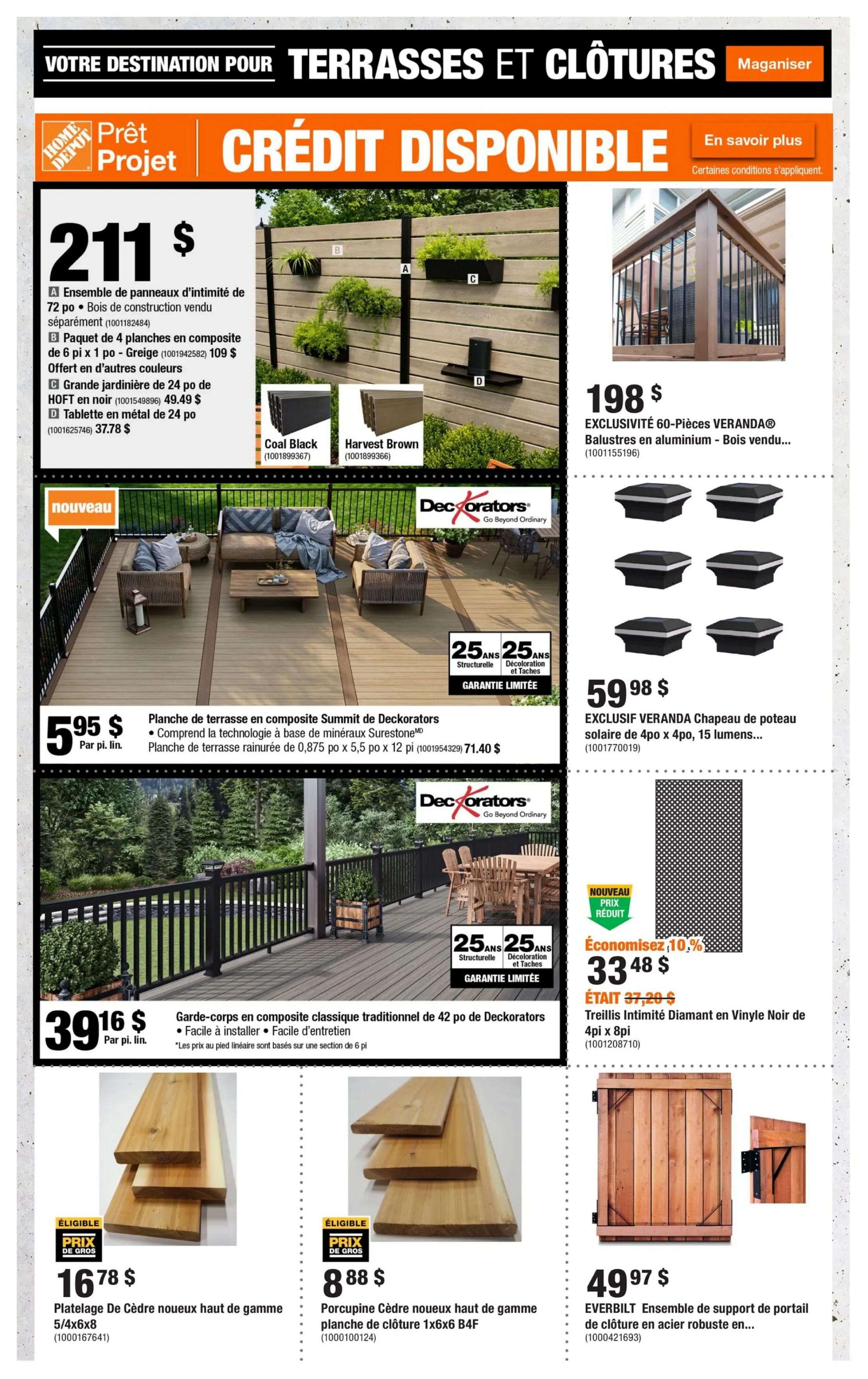 Home Depot flyer page 6 featuring 'Your Destination for Terraces and Fences'. Top section displays a 'Prêt Projet Crédit Disponible' offer. A privacy panel set is $211, including a 72-inch privacy panel set, a 6-piece grey composite deck board pack, a 24-inch garden planter in black, and a 24-inch metal shelf. Also available are Coal Black and Harvest Brown composite panels. Next, a 60-piece VERANDA aluminium baluster set is $198. Below, a new 'Summit' composite deck board by Deckorators is $5.95 per linear foot, featuring Surestone mineral technology. A traditional 42-inch composite railing by Deckorators is $39.16 per linear foot. On the right, a VERANDA solar post cap light is $59.98. A 'Nouveau Prix Réduit' (New Reduced Price) offer shows Diamond vinyl privacy fence panels in black, 4x8 ft and 4x8 ft, on sale for $33.48, down from $37.20, saving 10%. The bottom section features 'Eligible Bulk Price' items: premium 5/4x6x8 cedar decking boards for $16.78, and 1x6x6 B4F cedar fence boards for $8.88. Finally, an EVERBILT steel gate hardware kit for a wooden fence is $49.97.