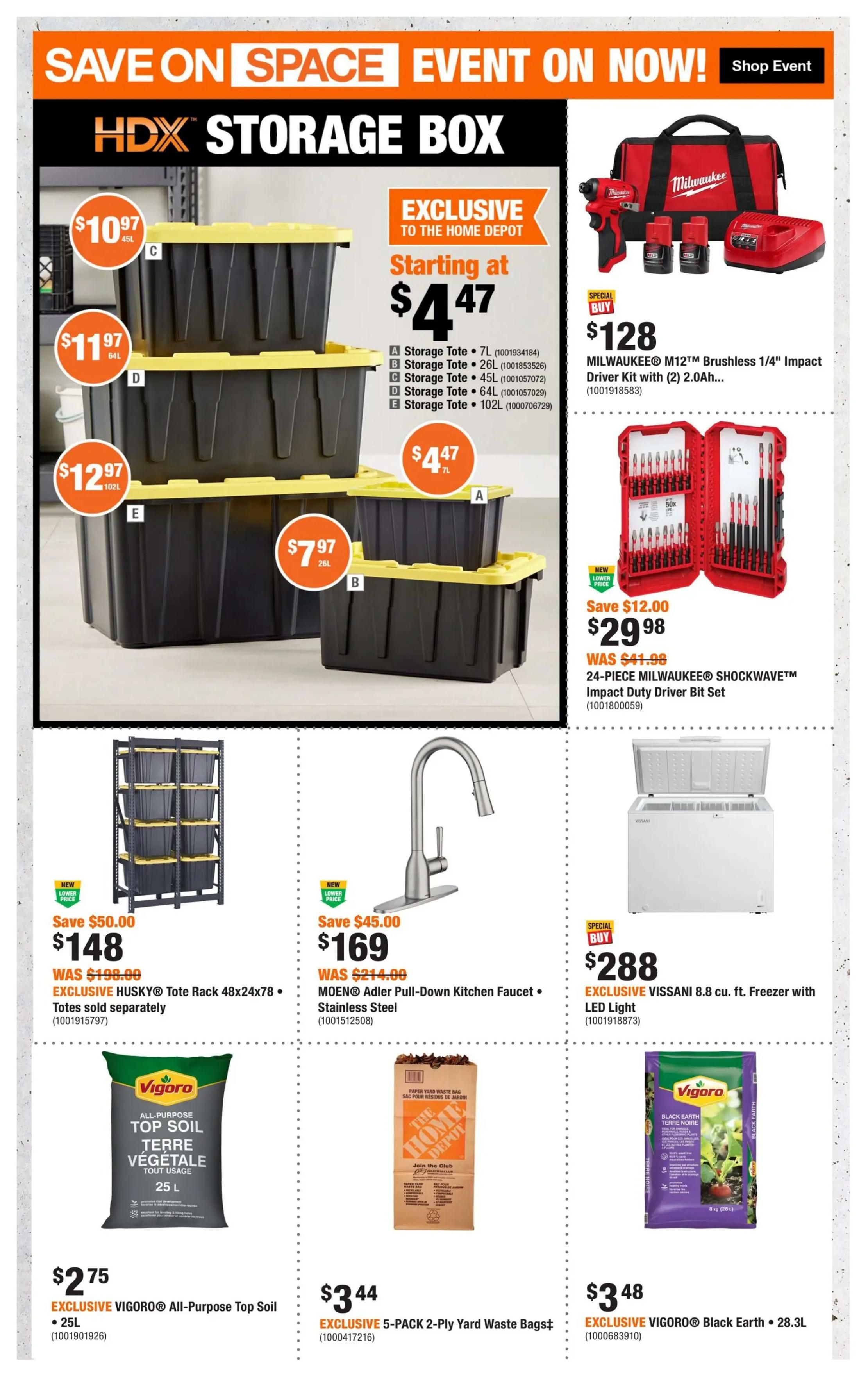 Home Depot Atlantic Canada flyer specials page 2. Features HDX Storage Boxes starting at $4.47 for a 7L tote, with other sizes available including 26L for $7.97, 45L for $10.97, 64L for $11.97, and 102L for $12.97. Also on sale is the Milwaukee M12 Brushless 1/4' Impact Driver Kit with (2) 2.0Ah batteries for $128, and a 24-piece Milwaukee Shockwave Impact Duty Driver Bit Set for $29.98, down from $41.98. Other featured items include an EXCLUSIVE HUSKY Tote Rack for $148 (save $50.00), an MOEN Adler Pull-Down Kitchen Faucet in Stainless Steel for $169 (save $45.00), and an EXCLUSIVE VISSANI 8.8 cu. ft. Freezer with LED Light for $288. Also available are EXCLUSIVE VIGORO All-Purpose Top Soil 25L for $2.75, EXCLUSIVE 5-PACK 2-Ply Yard Waste Bags for $3.44, and EXCLUSIVE VIGORO Black Earth 28.3L for $3.48.