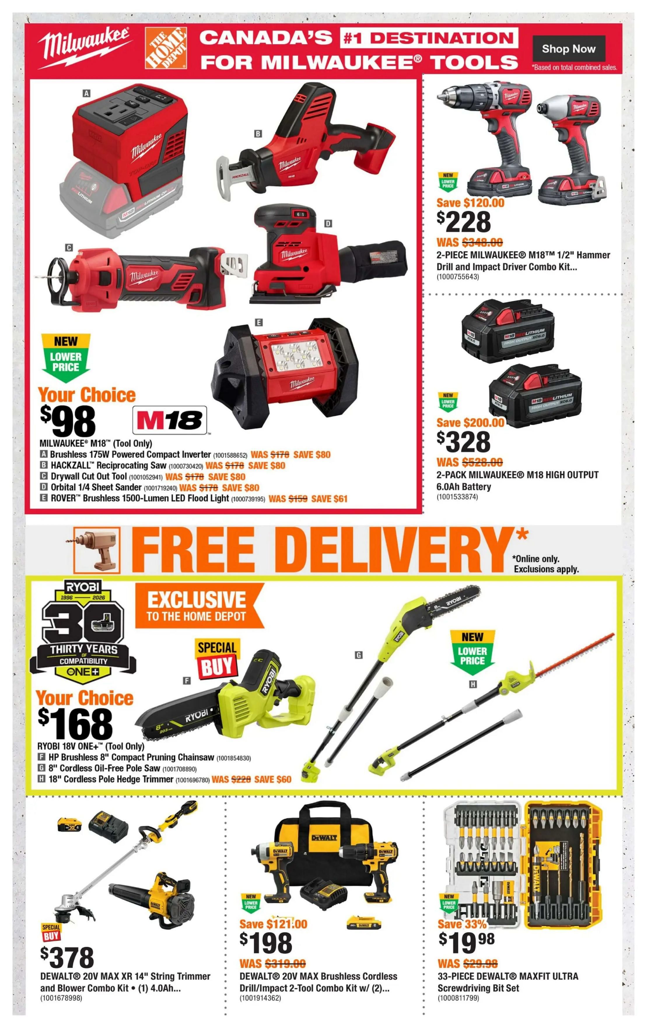 Home Depot Atlantic Canada flyer page 3 features Milwaukee, Ryobi, and DeWalt power tools. Milwaukee M18 tools include a Brushless 175W Powered Compact Inverter for $98, HACKZALL Reciprocating Saw for $98 (save $80), Drywall Cut Out Tool for $98 (save $80), Orbital 1/4 Sheet Sander for $98 (save $80), and ROVER 1500-Lumen LED Flood Light for $98 (save $61). A 2-Piece Milwaukee M18 1/2' Hammer Drill and Impact Driver Combo Kit is on sale for $228 (save $120), and a 2-Pack Milwaukee M18 High Output 6.0Ah Battery is $328 (save $200). Ryobi 18V ONE+ tools include an HP Brushless 8' Compact Pruning Chainsaw, 8' Cordless Oil-Free Pole Saw, and H 18' Cordless Pole Hedge Trimmer, all as a 'Your Choice' for $168 (save $60). DeWalt offers a 20V MAX XR 14' String Trimmer and Blower Combo Kit for $378. Also featured is a DeWalt 20V MAX Brushless Cordless Drill/Impact 2-Tool Combo Kit w/ (2) batteries for $198 (save $121), and a 33-Piece DeWalt Maxfit Ultra Screwdriving Bit Set for $19.98 (save 33%). Free delivery is available online with exclusions.