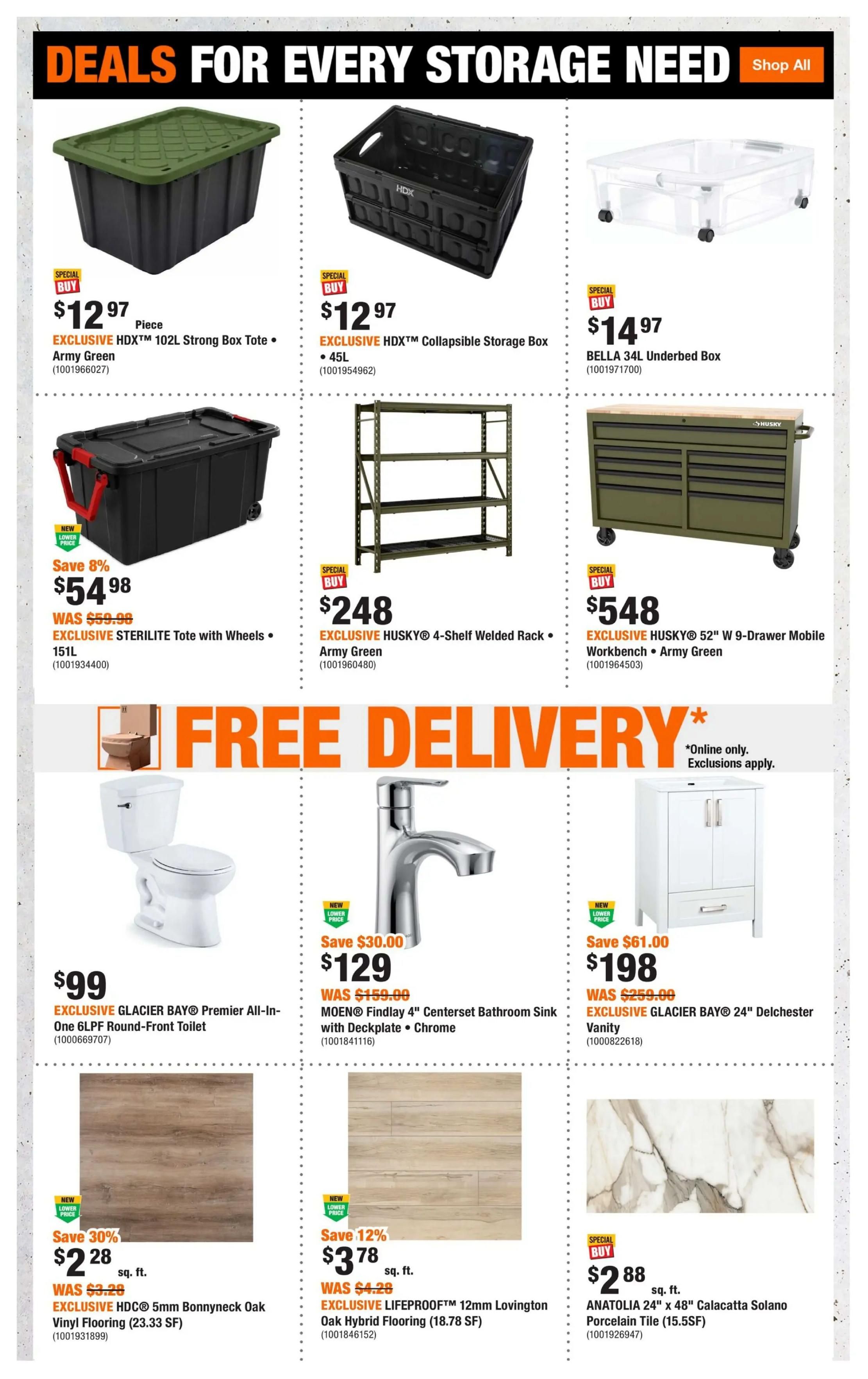 Home Depot Atlantic Canada flyer page 4 features deals for every storage need. Top row includes: EXCLUSIVE HDX 102L Strong Box in Army Green for $12.97, EXCLUSIVE HDX Collapsible Storage Box 45L for $12.97, and BELLA 34L Underbed Box for $14.97. Second row features: EXCLUSIVE STERILITE Tote with Wheels 151L, on sale for $54.98 (was $59.99), EXCLUSIVE HUSKY 4-Shelf Welded Rack in Army Green for $248, and EXCLUSIVE HUSKY 52' W 9-Drawer Mobile Workbench in Army Green for $548. Below these is a 'FREE DELIVERY*' banner, with online only exclusions applying. Featured items include: EXCLUSIVE GLACIER BAY Premier All-In-One 6LPF Round-Front Toilet for $99, MOEN Findlay 4' Centerset Bathroom Sink Faucet with Deckplate in Chrome for $129 (save $30.00, was $159.00), and EXCLUSIVE GLACIER BAY 24' Delchester Vanity for $198 (save $61.00, was $259.00). Bottom row showcases flooring and tile: EXCLUSIVE HDC 5mm Bonnyneck Oak Vinyl Flooring (23.33 SF) for $2.28 sq. ft. (save 30%, was $3.28), EXCLUSIVE LIFEPROOF 12mm Lovington Oak Hybrid Flooring (18.78 SF) for $3.78 sq. ft. (save 12%, was $4.28), and ANATOLIA 24' x 48' Calacatta Solano Porcelain Tile (15.5SF) for $2.88 sq. ft.