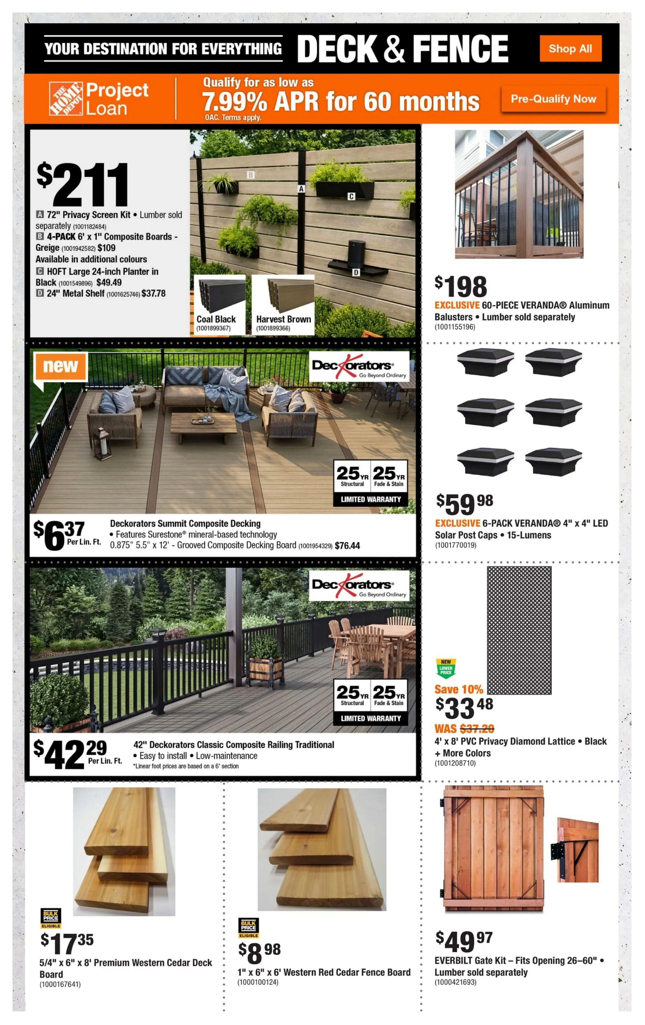 Home Depot Atlantic Canada flyer page 6 features deck and fence products. A 72' Privacy Screen Kit is $211. 4-Pack 6'x1' Composite Boards in Greige are $109, available in additional colours. HOFT Large 24-inch Planters in Black are $49.49. A 24-inch Metal Shelf is $37.78. Deckorators Summit Composite Decking, featuring Surestone mineral-based technology, is $6.37 per linear foot for 0.875' x 5.5' x 12' Grooved Composite Decking Boards, priced at $76.44. 42' Deckorators Classic Composite Railing Traditional is $42.29 per linear foot, easy to install and low-maintenance. On the right, an EXCLUSIVE 60-PIECE VERANDA Aluminum Balusters are $198, lumber sold separately. EXCLUSIVE 6-PACK VERANDA 4'x4' LED Solar Post Caps with 15-lumens are $59.98. Save 10% on 4'x8' PVC Privacy Diamond Lattice in Black with more colors, now $33.48, originally $37.20. EVERBILT Gate Kit fits openings 26-60' for $49.97, lumber sold separately. Also featured are 5/4' x 6' x 8' Premium Western Cedar Deck Boards for $17.35 and 1' x 6' x 6' Western Red Cedar Fence Boards for $8.98.