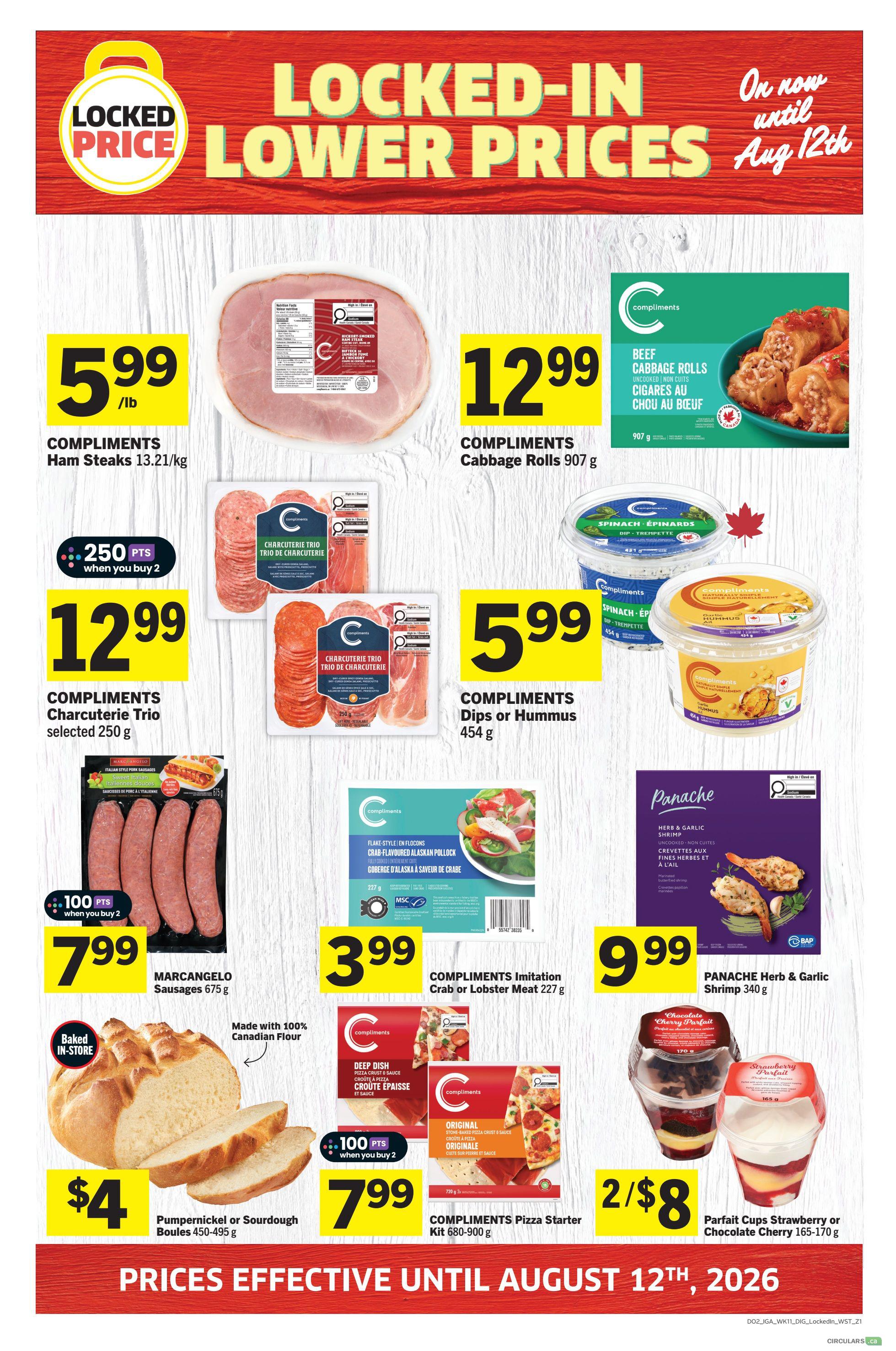 IGA Western Canada weekly flyer specials page 8 features locked-in lower prices until August 12th. Highlights include Compliments Ham Steaks at $5.99/lb, Compliments Cabbage Rolls for $12.99, and Compliments Charcuterie Trio for $12.99 with 250 bonus points when you buy 2. Also featured are Compliments Dips or Hummus for $5.99, Marcangelo Sausages for $7.99 with 100 bonus points when you buy 2, and Compliments Imitation Crab or Lobster Meat for $3.99. Baked in-store, Pumpernickel or Sourdough Boules are $4. Panache Herb & Garlic Shrimp is $9.99. Compliments Pizza Starter Kits are $7.99 with 100 bonus points when you buy 2. Parfait Cups (Strawberry or Chocolate Cherry) are 2 for $8.