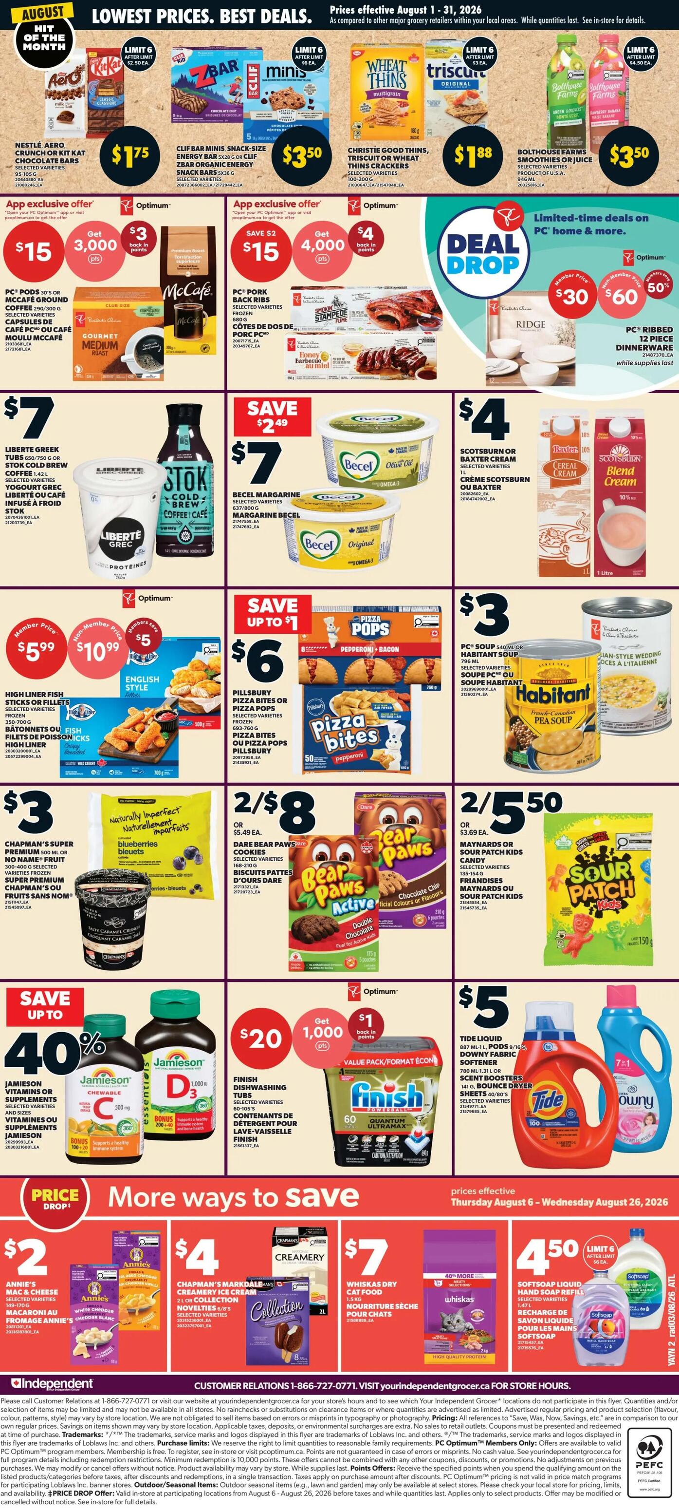 Independent flyer page 3 featuring 'Lowest Prices. Best Deals.' and 'More Ways to Save'. Top section highlights Nestlé Aero or Kit Kat Chocolate Bars for $1.75, Clif Bar Minis Snack-Size Energy Bars for $3.50, Christie Good Thins or Wheat Thins Crackers for $1.88, and Boulton Farms Smoothies or Juice for $3.50. App exclusive offers include PC Pods 30's or McCafé Ground Coffee for $15, getting 3,000 Optimum points, and PC Pork Back Ribs or Côtes de Porc for $15, getting 4,000 Optimum points. Also featured is a Deal Drop on PC Ribbed 12 Piece Dinnerware for $30 (non-member price $60, 50% off). Other deals include Liberté Greek Yogurt or Stok Cold Brew Coffee for $7, Becel Margarine for $7, and Scotsburn or Baxter Cream or Cereal Cream for $4. Pillsbury Pizza Bites or Pizza Pops are 2 for $6. Chapman's Super Premium Ice Cream or No Name Fruit Bars are $3. Dare Bear Paws Cookies are 2 for $8. Maynard's or Sour Patch Kids Candy are 2 for $5.50. Jamieson Vitamins or Supplements are up to 40% off. Finish Dishwashing Tubs are $20, getting 1,000 Optimum points and $1 back in points. Tide Liquid or Downy Fabric Softener is $5. The 'More Ways to Save' section includes Annie's Mac & Cheese or Food for $2, Chapman's Markdale's Creamery Ice Cream for $4, Whiskas Dry Cat Food for $7, and Softsoap Liquid Hand Soap Refill for $4.50. Prices are effective Thursday, August 6 to Wednesday, August 26, 2026.