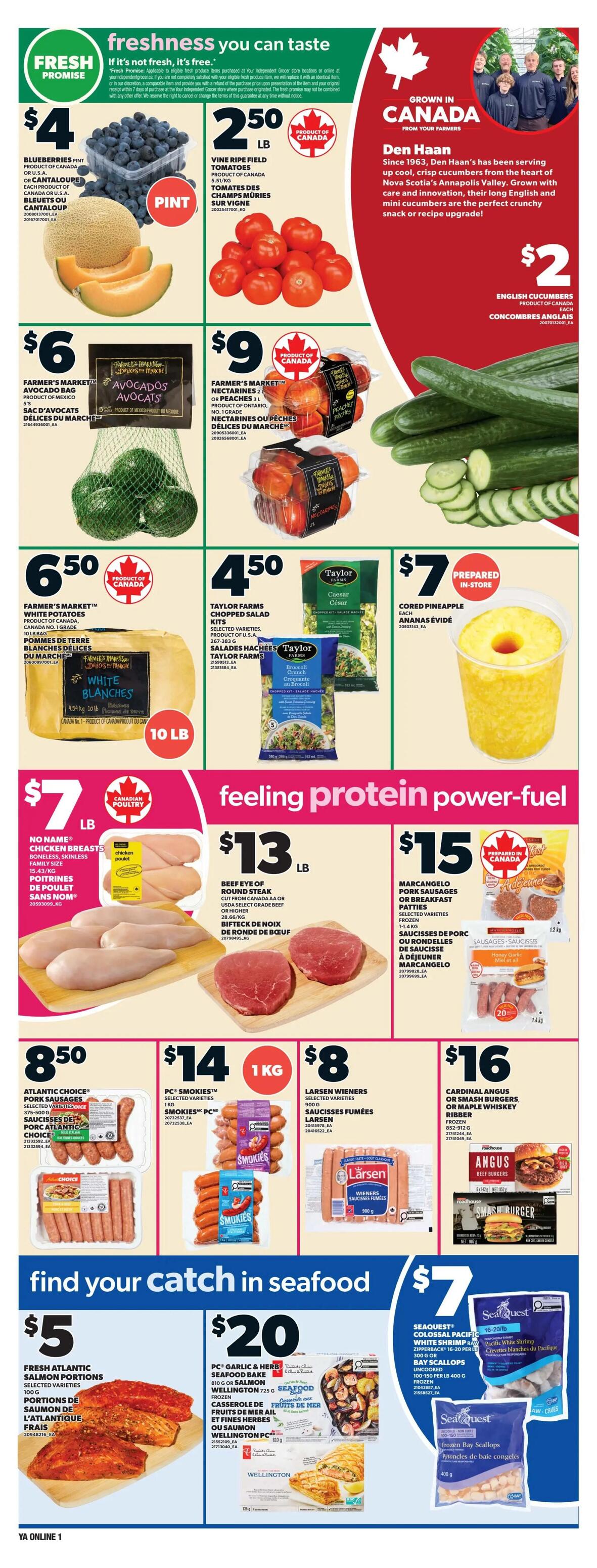 Independent flyer page 4 featuring 'freshness you can taste' and 'feeling protein power-fuel' sections. Top section highlights: Blueberries for $4, Vine Ripe Field Tomatoes for $2.50/lb, Cantaloupe for $4, Farmer's Market Avocados for $6, Farmer's Market Nectarines for $9, and English Cucumbers for $2. Middle section showcases: Farmer's Market White Potatoes (10 lb bag) for $6.50, Taylor Farms Chopped Salad Kits for $4.50, and Prepared-in-store Cored Pineapple for $7. The 'feeling protein power-fuel' section includes: No Name Chicken Breasts for $7/lb, Beef Eye of Round Steak for $13/lb, Marcangelo Pork Sausages or Breakfast Patties for $15, Atlantic Choice Pork Sausages for $8.50, PC Smokies for $14/kg, Larsen Wieners for $8, and Cardinal Angus or Smash Burgers for $16. The 'find your catch in seafood' section offers: Fresh Atlantic Salmon Portions for $5, PC Garlic & Herb Seafood Bake or Wellington 725g for $20, and SeaQuest Colossal Pacific White Shrimp or Bay Scallops for $7.