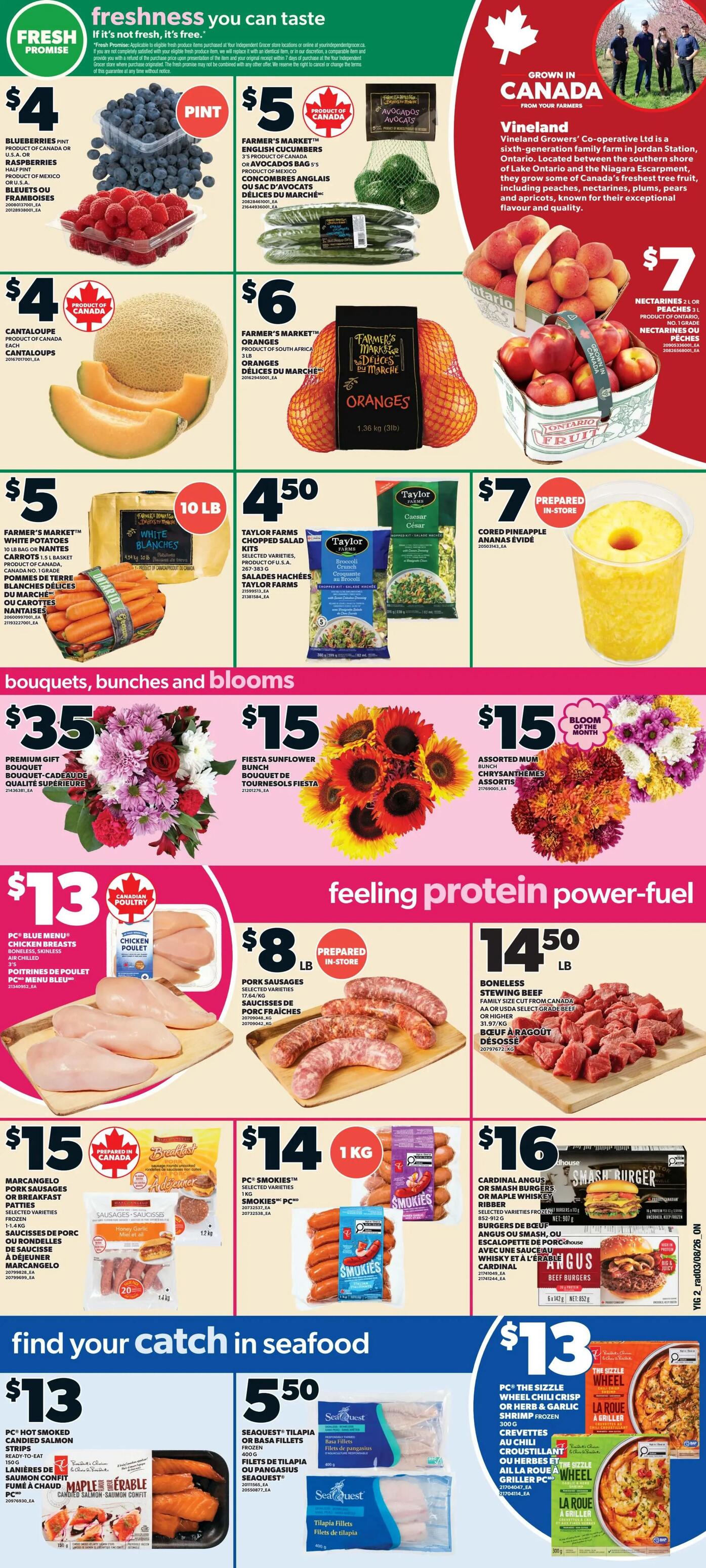 Independent flyer page 2 features fresh produce including Pint Blueberries for $4, Raspberries for $4, Farmer's Market English Cucumbers for $5, and a 5-pack of Avocados for $5. Also available are a Cantaloupe for $4, Farmer's Market Oranges (1.36 kg) for $6, Farmer's Market White Potatoes (10 lb) for $5, and Taylor Farms Chopped Salad Kits for $4.50. Prepared in-store, Cored Pineapple is $7. Floral arrangements include a Premium Gift Bouquet for $35, Fiesta Sunflower Bunch for $15, and Assorted Mum Chrysanthemums for $15. Under 'feeling protein power-fuel', find PC Blue Menu Chicken Breasts for $13, Pork Sausages for $8/lb, and Boneless Stewing Beef for $14.50/lb. In the seafood section, PC Hot Smoked Candied Salmon Strips (150g) are $13, Seaquest Tilapia or Basa Fillets (400g) are $5.50, PC Smokies (1kg) are $14, and Cardinal Angus or Smash Burgers are $16. PC The Sizzle Wheel Chili Crisp or Herb & Garlic Shrimp (frozen, 300g) are $13.