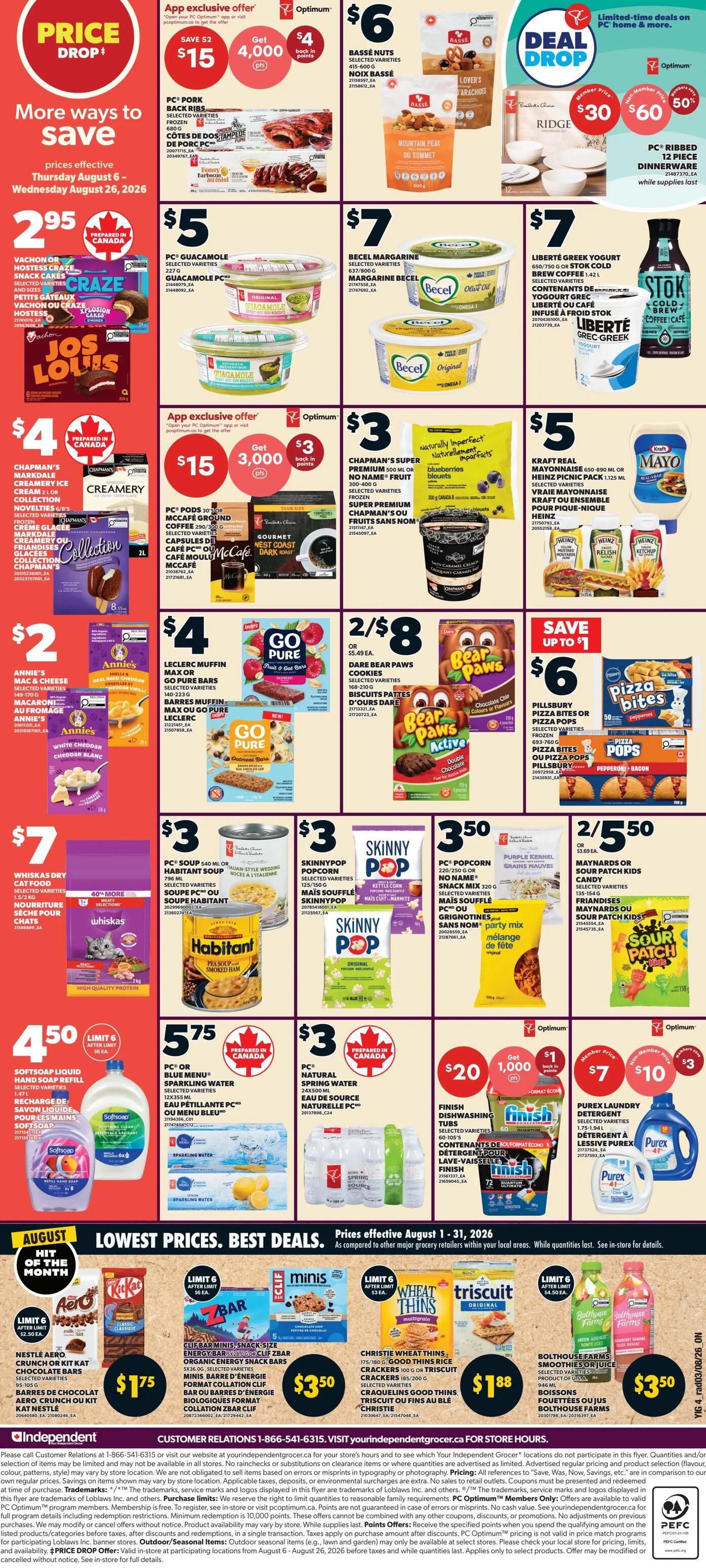 Independent Flyer Page 3 features a 'Price Drop' section with Vachon or Hostess Craze Snack Cakes for $2.95 and Jos Louis for $4. Other deals include PC Guacamole for $5, Becel Margarine for $7, and Liberté Greek Yogurt for $7. There's an Optimum offer for PC Pods or Ground Coffee, getting 4,000 points when you spend $15. Chapman's Super Premium Ice Cream is $3, and Kraft Real Mayonnaise is $5. Annie's Mac & Cheese or Macaroni is $2. Leclerc Muffin Max or Go Pure Bars are $4. Skinny Pop Popcorn is $3.50, and PC Soup is $3. Bear Paw Cookies are 2 for $8. Pillsbury Pizza Bites or Pizza Pops are $6. Whiskas Dry Cat Food is $7. Softsoap Liquid Hand Soap Refill is $4.50. PC Sparkling Water is $5.75, and PC Natural Spring Water is $3. Finish Dishwashing Tabs are $3. Purex Laundry Detergent is $7 or $10. The bottom section highlights 'Lowest Prices. Best Deals.' with Christie Wheat Thins or Triscuits for $1.88, Bolthouse Farms Smoothies or Juice for $3.50, and Nestlé Aero, Kit Kat, or Crunch bars for $1.75. Clif Bar Minis or Snack Size Energy Bars are $3.50.