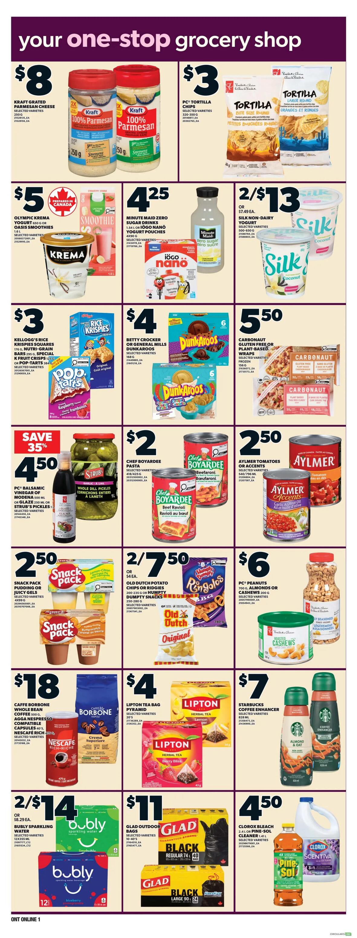 Independent flyer page 5 features grocery specials including Kraft Grated Parmesan Cheese for $8, PC Tortilla Chips for $3, Krema or Oasis Smoothies for $5, Minute Maid Zero Sugar Drinks or Iogo Nano Yogurt Pouches for $4.25, and Silk Non-Dairy Yogurt for 2/$13. Also featured are Kellogg's Rice Krispies Squares or Pop-Tarts for $3, Betty Crocker or General Mills Dunkaroos for $4, and Carbonaut Gluten-Free Wraps for $5.50. Save 35% on Strub's Whole Dill Pickles for $4.50, Chef Boyardee Pasta for $2, and Aylmer Tomatoes for $2.50. Snack Pack Pudding or Juicy Gels are 2/$5, Old Dutch Potato Chips or Ringolos are 2/$7.50, and PC Peanuts, Almonds or Cashews for $6. Caffe Borbone Coffee or Agfa Nescafe Rich for $18, Lipton Tea Bags for $4, and Starbucks Coffee Enhancer for $7. Bubly Sparkling Water is 2/$14, Glad Outdoor Bags for $11, and Clorox Bleach or Pine-Sol Cleaner for $4.50.