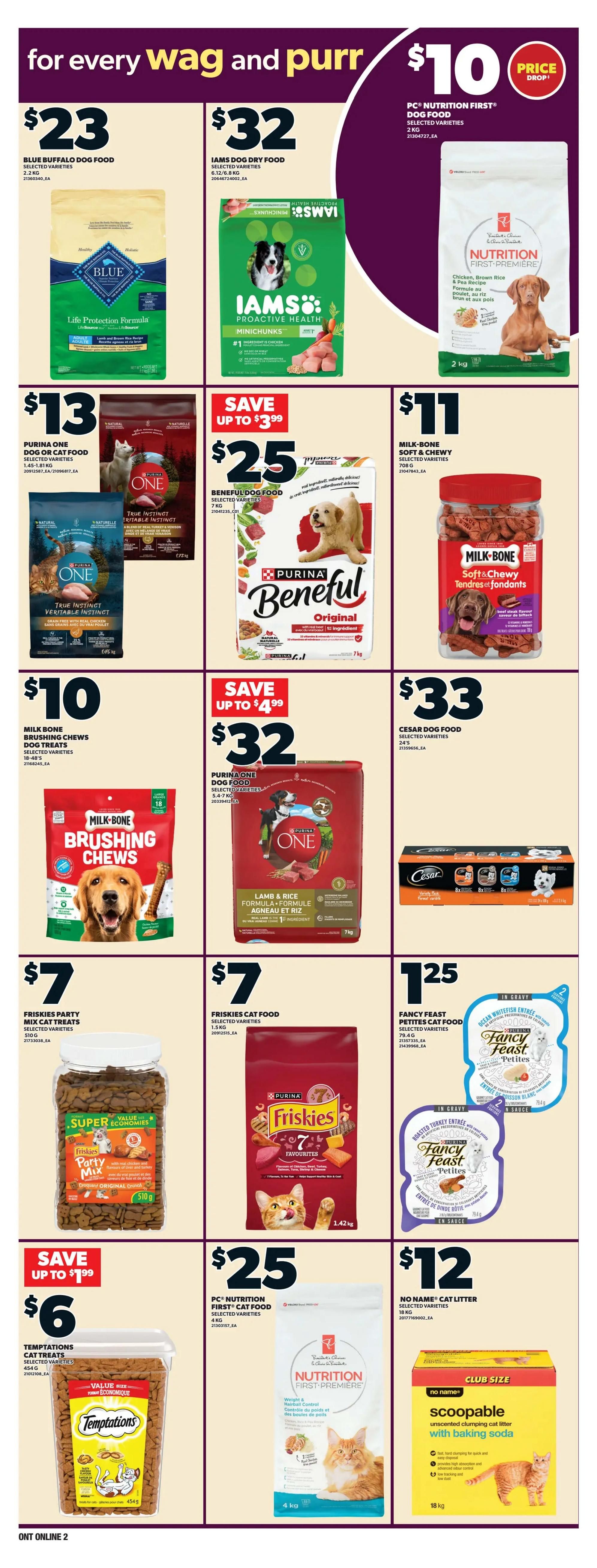 Independent flyer page 6 features a variety of pet food and treats. Deals include Blue Buffalo Dog Food for $23, Iams Dog Dry Food for $32, and PC Nutrition First Dog Food for $10. Also featured are Purina One Dog or Cat Food for $13, Beneful Dog Food for $25 (save up to $3.99), and Milk-Bone Soft & Chewy treats for $11. For smaller pets or specific needs, find Milk-Bone Brushing Chews for $10, Purina One Dog Food for $32 (save up to $4.99), and Cesar Dog Food for $33. Cat-specific items include Friskies Party Mix Cat Treats for $7, Friskies Cat Food for $7, Fancy Feast Petites Cat Food for $1.25, PC Nutrition First Cat Food for $25, and No Name Cat Litter for $12. Temptations Cat Treats are on sale for $6 (save up to $1.99).