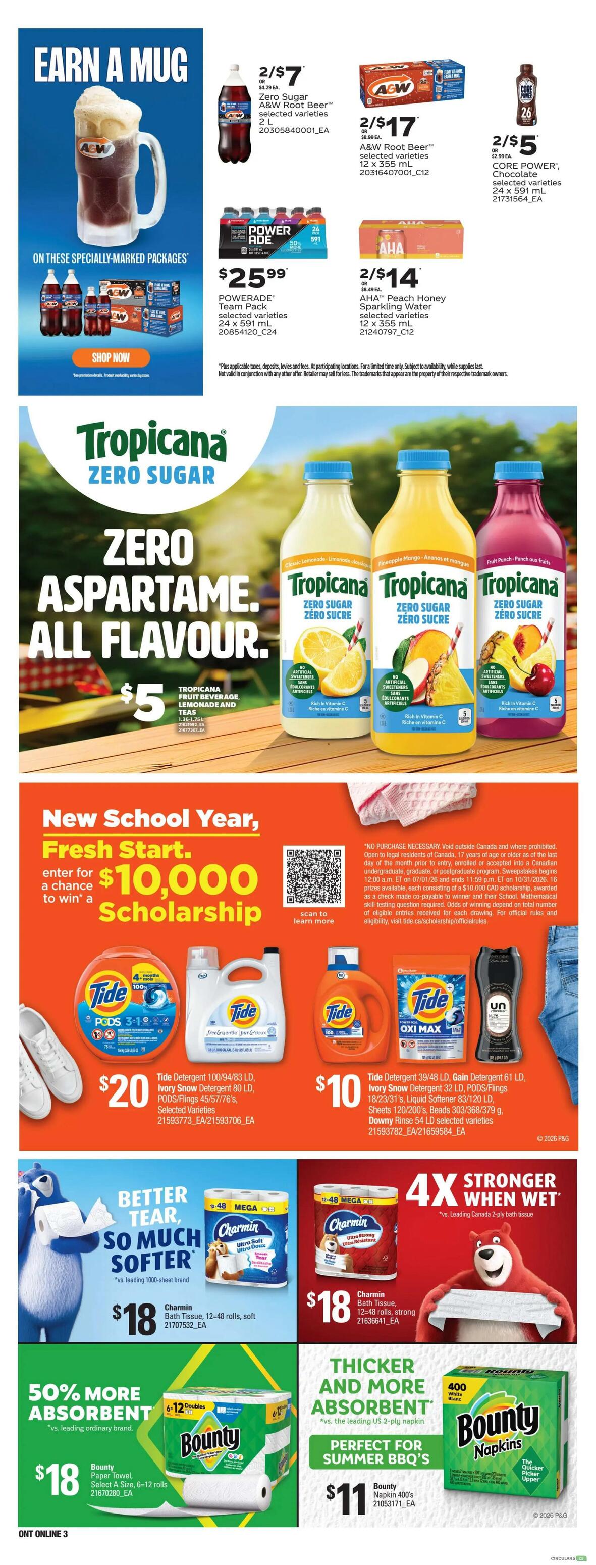 Independent flyer page 8 features a variety of beverage and household deals. Top section includes A&W Root Beer 2L for 2/$7, A&W Root Beer 12x355mL for 2/$17, and Core Power Chocolate 24x591mL for 2/$5. Also featured is POWERADE Team Pack 24x591mL for $25.99 and AHA Peach Honey Sparkling Water 12x355mL for 2/$14. The centre section promotes Tropicana Zero Sugar drinks, including Fruit Beverage, Lemonade, and Teas for $5. The 'New School Year, Fresh Start' promotion offers a chance to win a $10,000 scholarship. Household cleaning products on sale include Tide Detergent 100/94/83 LD, Pods/Fling 45/57/76's, and Ivory Snow 21593773 for $20. Tide Detergent 39/48 LD, Gain Detergent 61 LD, Ivory Snow Detergent 32 LD, Pods/Flings Sheets 120/200's, Beads 303/368/379g, and Downy Rinse 54 LD selected varieties are on sale for $10. Charmin Bath Tissue 12-48 rolls, soft, is $18, and Charmin Bath Tissue 12-48 rolls, strong, is also $18. Bounty Paper Towel, Select A Size, 6-12 rolls is $18. Bounty Napkin 400's are $11.