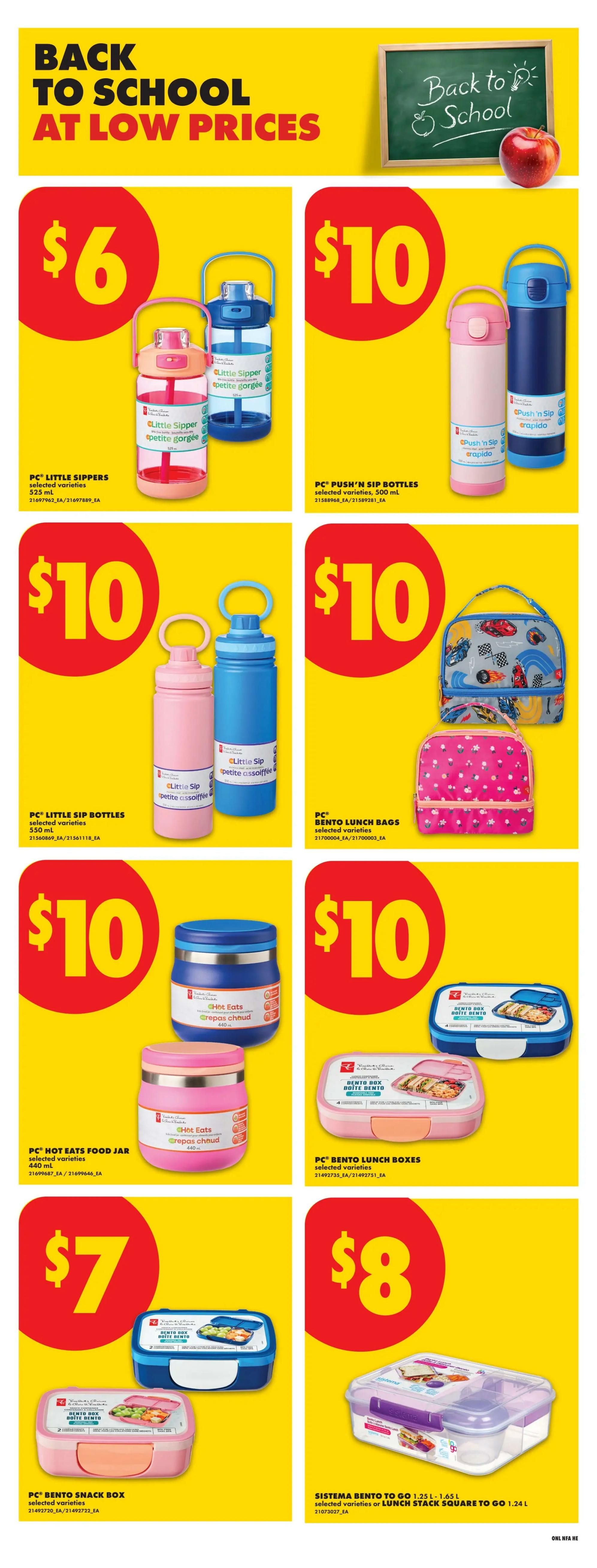 No Frills weekly flyer specials page 12, featuring Back to School at Low Prices. Deals include PC Little Sippers selected varieties 525 mL for $6, PC Push 'n Sip Bottles selected varieties 500 mL for $10, PC Little Sip Bottles selected varieties 550 mL for $10, and PC Bento Lunch Bags selected varieties for $10. Also available are PC Hot Eats Food Jars selected varieties 440 mL for $10, PC Bento Snack Boxes selected varieties for $7, PC Bento Lunch Boxes selected varieties for $10, and Sistema Bento to Go 1.25 L - 1.65 L or Lunch Stack Square to Go 1.24 L selected varieties for $8.