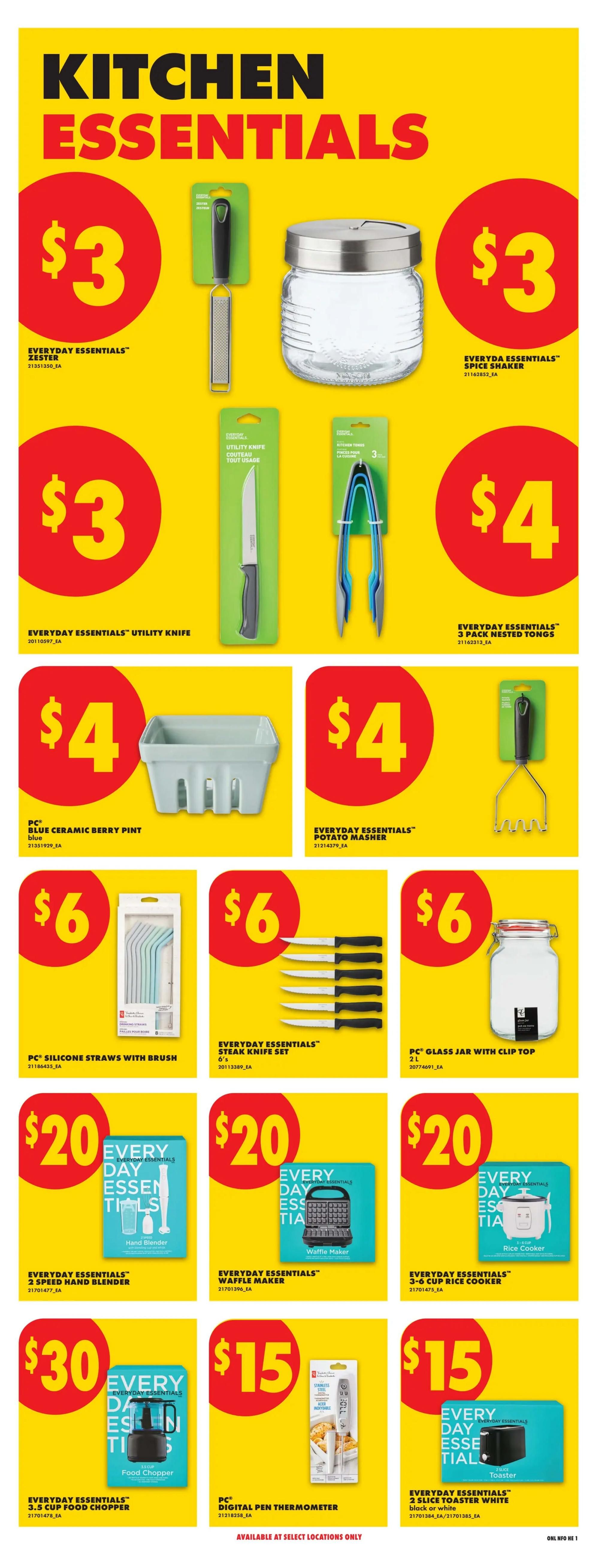 No Frills Kitchen Essentials flyer page featuring various kitchen gadgets and tools. Products include Everyday Essentials Zester for $3, Everyday Essentials Spice Shaker for $3, Everyday Essentials Utility Knife for $3, and Everyday Essentials 3 Pack Nested Tongs for $4. Also available are PC Blue Ceramic Berry Pint for $4, Everyday Essentials Potato Masher for $4, PC Silicone Straws with Brush for $6, Everyday Essentials Steak Knife Set (6's) for $6, and PC Glass Jar with Clip Top (2L) for $6. Larger appliances include Everyday Essentials 2 Speed Hand Blender for $20, Everyday Essentials Waffle Maker for $20, and Everyday Essentials 3-6 Cup Rice Cooker for $20. Additionally, there's an Everyday Essentials 3.5 Cup Food Chopper for $30, a PC Digital Pen Thermometer for $15, and an Everyday Essentials 2 Slice Toaster (black or white) for $15. Some items are available at select locations only.