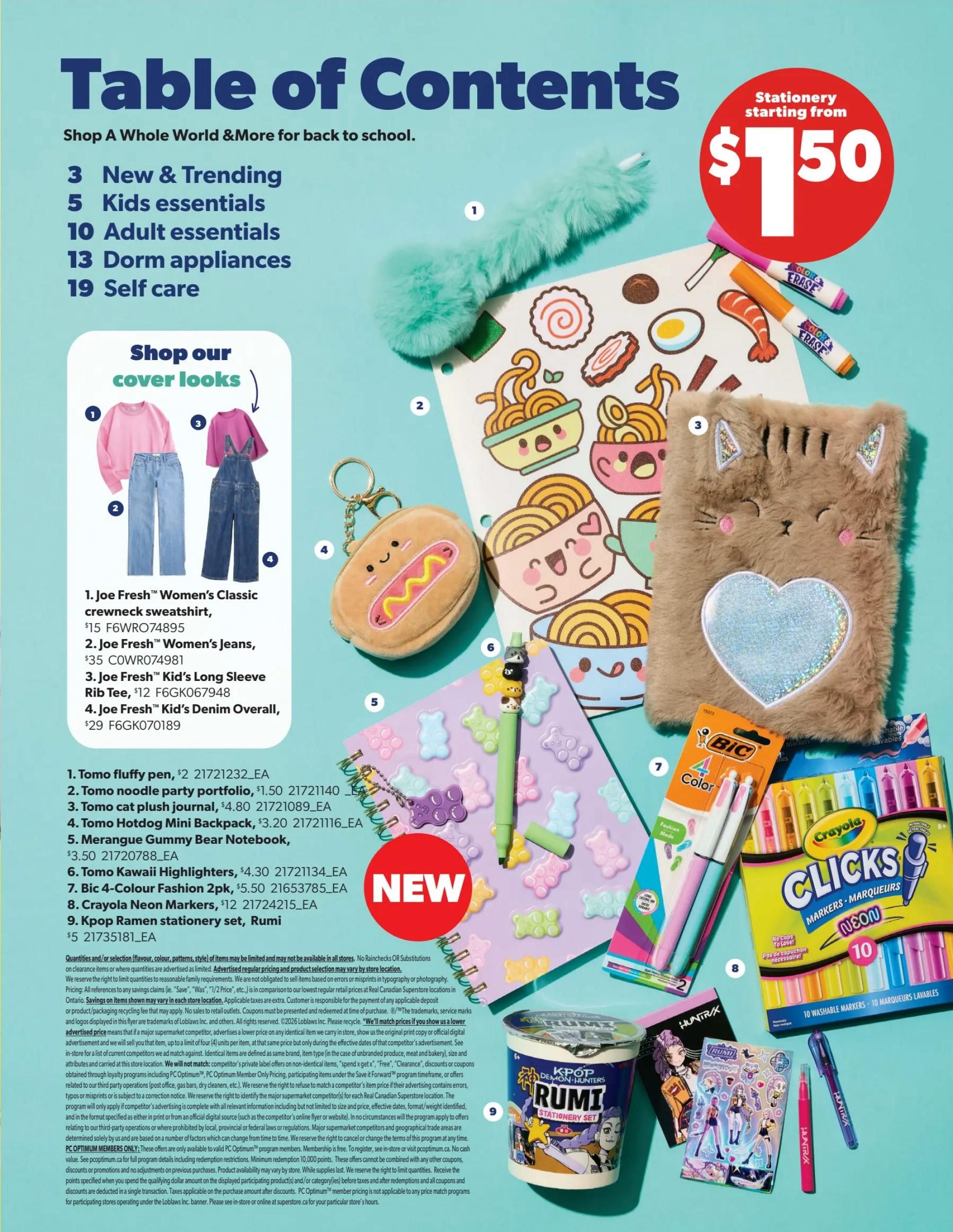 Real Canadian Superstore Back to School flyer, page 2. Stationery starting from $1.50. Featured items include Joe Fresh™ Women's Classic crewneck sweatshirt for $15, Joe Fresh™ Women's Jeans for $35, Joe Fresh™ Kid's Long Sleeve Rib Tee for $12, and Joe Fresh™ Kid's Denim Overall for $29. Also available are Tomo fluffy pen for $2, Tomo noodle party portfolio for $1.50, Tomo cat plush journal for $4.80, Tomo Hotdog Mini Backpack for $3.20, and Merangue Gummy Bear Notebook for $5. Other featured items include Tomo Colour Highlighters for $4.30, Bic 4-Colour Fashion 2pk for $5.50, Crayola Neon Markers for $12, and Kpop Ramen stationery set for $5. The page also displays a fluffy teal pen, a fuzzy cat-shaped pencil case, and a variety of colourful gummy bear stickers.