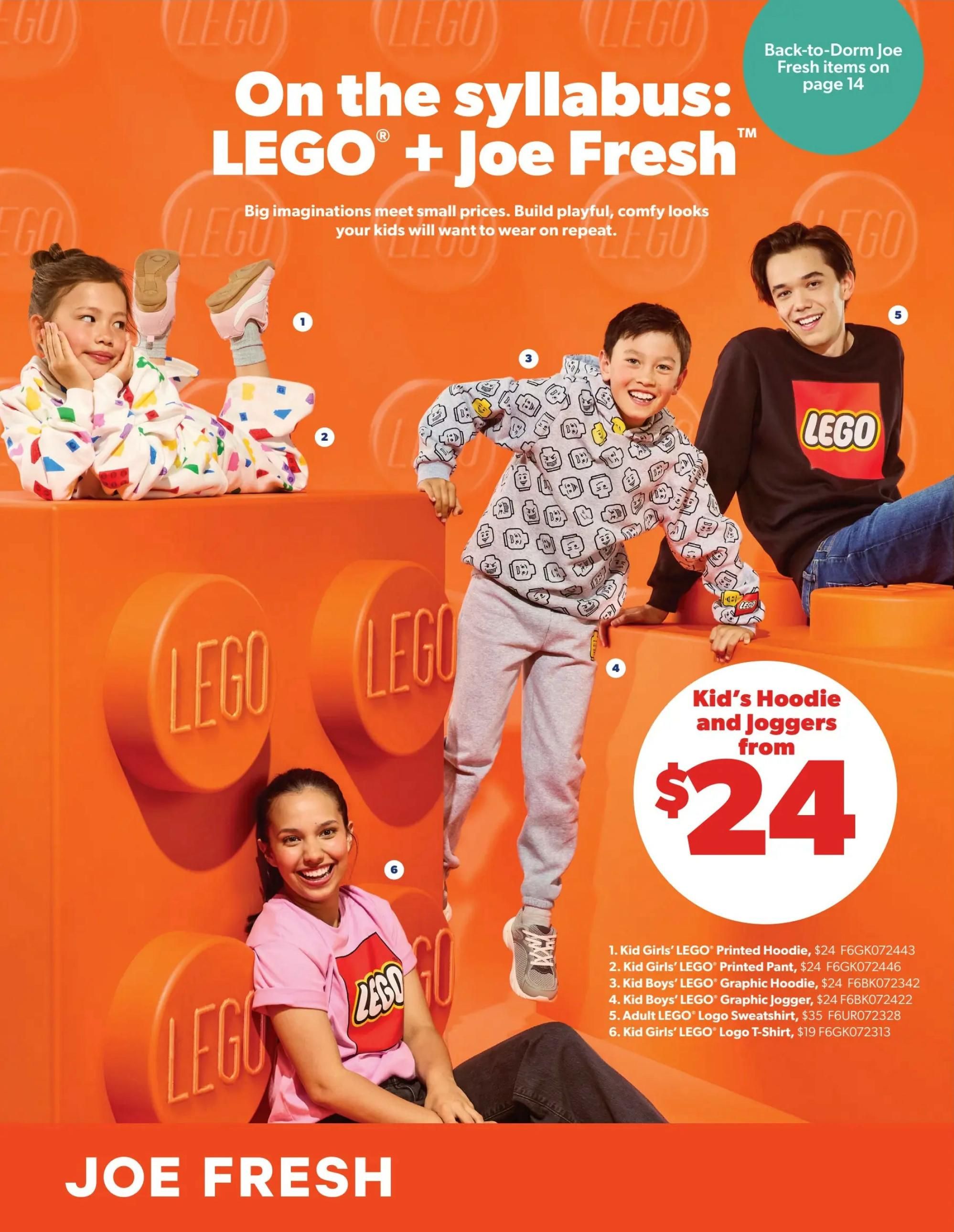 Real Canadian Superstore flyer, page 4. Features a collection of LEGO + Joe Fresh back-to-school apparel for kids. Showcases a girl in a colourful LEGO print hoodie and pants, a boy in a grey LEGO graphic hoodie and joggers, and another boy in a black LEGO logo sweatshirt. Also features a girl in a pink LEGO logo t-shirt. Items include: Kid Girls' LEGO Printed Hoodie for $24, Kid Girls' LEGO Printed Pant for $24, Kid Boys' LEGO Graphic Hoodie for $24, Kid Boys' LEGO Graphic Jogger for $24, Adult LEGO Logo Sweatshirt for $35, and Kid Girls' LEGO Logo T-Shirt for $19. Back-to-dorm Joe Fresh items are featured on page 14.
