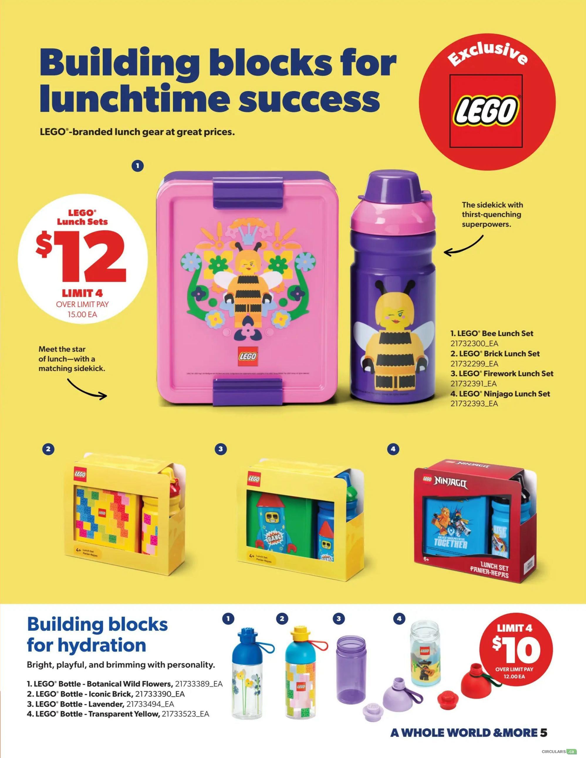 Real Canadian Superstore flyer, page 5, featuring LEGO-branded lunch gear. Top section highlights LEGO Lunch Sets for $12, with a limit of 4 per customer. Featured items include a pink LEGO Bee Lunch Set and a purple water bottle with a bee design. Also shown are four different LEGO lunch sets: LEGO Bee Lunch Set, LEGO Brick Lunch Set, LEGO Firework Lunch Set, and LEGO Ninjago Lunch Set. The bottom section, 'Building blocks for hydration', showcases LEGO Bottles for $10, with a limit of 4 per customer. Available styles include Botanical Wild Flowers, Iconic Brick, Lavender, and Transparent Yellow. Additional accessories like bottle caps and a red LEGO water bottle are also displayed.
