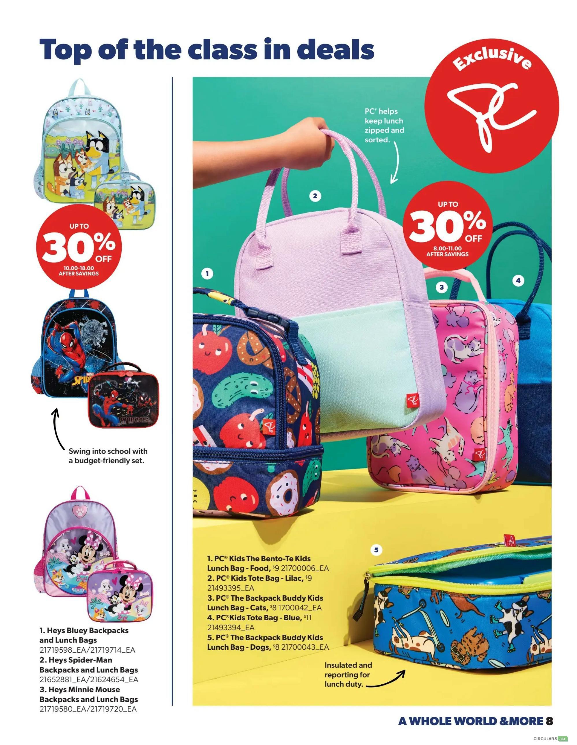 Real Canadian Superstore flyer page 8 features 'Top of the class in deals' with a selection of backpacks and lunch bags. On the left, Heys Bluey Backpacks and Lunch Bags are shown with a 'Up to 30% off' graphic. Also featured are Heys Spider-Man Backpacks and Lunch Bags, and Heys Minnie Mouse Backpacks and Lunch Bags. On the right, a variety of PC brand lunch bags are displayed, including PC Kids The Bento-Te Box Lunch Bag - Food for $9, PC Kids Tote Bag - Lilac for $9, PC The Backpack Buddy Kids Lunch Bag - Cats for $8, PC Kids Tote Bag - Blue for $11, and PC The Backpack Buddy Kids Lunch Bag - Dogs for $8. A 'PC Exclusive' logo is visible, and a note indicates the lunch bags are 'Insulated and reporting for lunch duty.