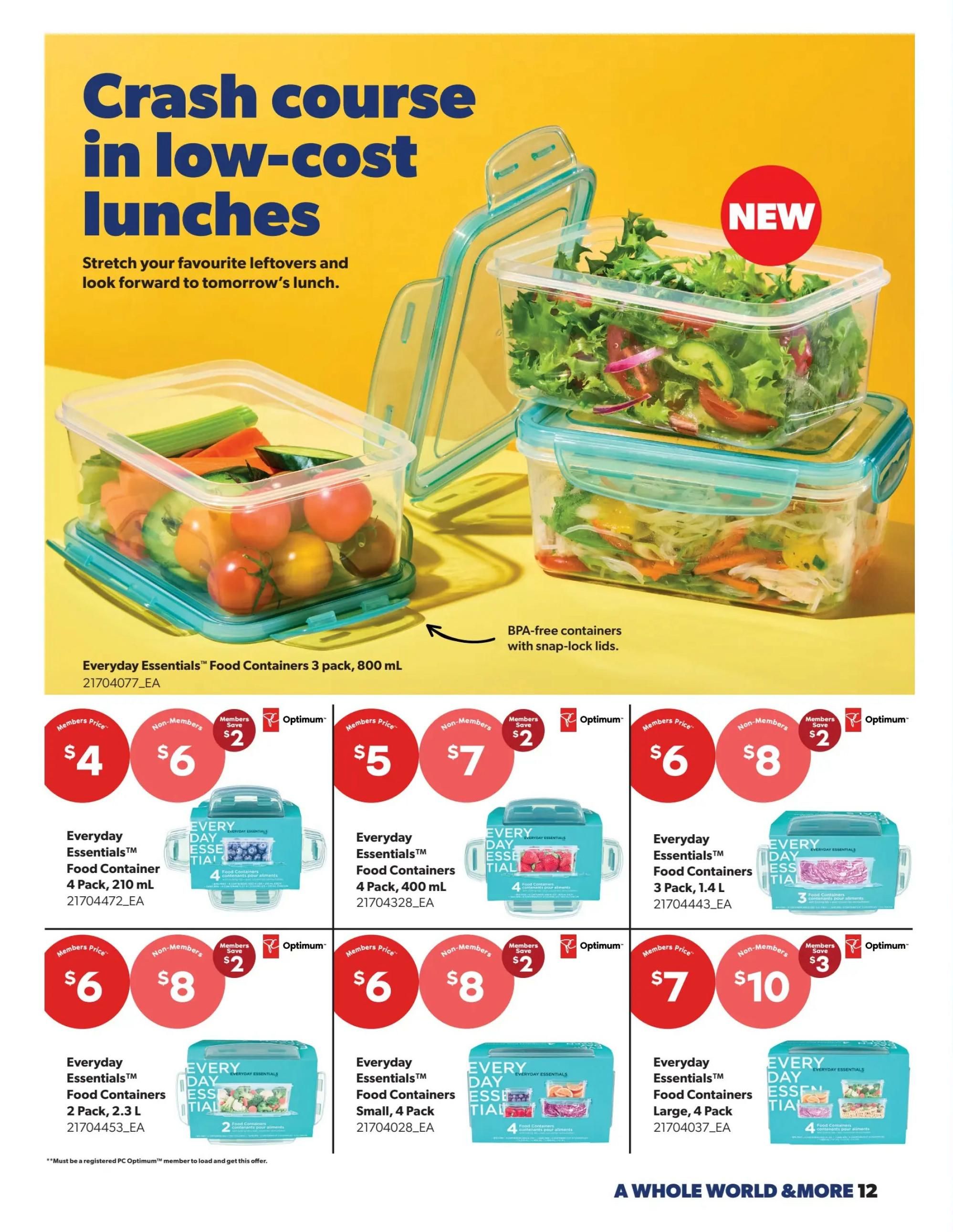 Real Canadian Superstore flyer page 12 features a 'Crash course in low-cost lunches' theme, showcasing Everyday Essentials BPA-free food containers with snap-lock lids. Featured products include: Everyday Essentials Food Containers, 3 pack, 800 mL for $4 (Members) / $6 (Non-Members), saving $2; Everyday Essentials Food Containers, 4 pack, 210 mL for $6 (Members) / $8 (Non-Members), saving $2; Everyday Essentials Food Containers, 4 pack, 400 mL for $5 (Members) / $7 (Non-Members), saving $2; Everyday Essentials Food Containers, 3 pack, 1.4 L for $6 (Members) / $8 (Non-Members), saving $2; Everyday Essentials Food Containers, 2 pack, 2.3 L for $6 (Members) / $8 (Non-Members), saving $2; Everyday Essentials Food Containers, Small, 4 pack for $7 (Members) / $10 (Non-Members), saving $3; and Everyday Essentials Food Containers, Large, 4 pack for $7 (Members) / $10 (Non-Members), saving $3. A note indicates that a PC Optimum membership is required to load and get the offer.