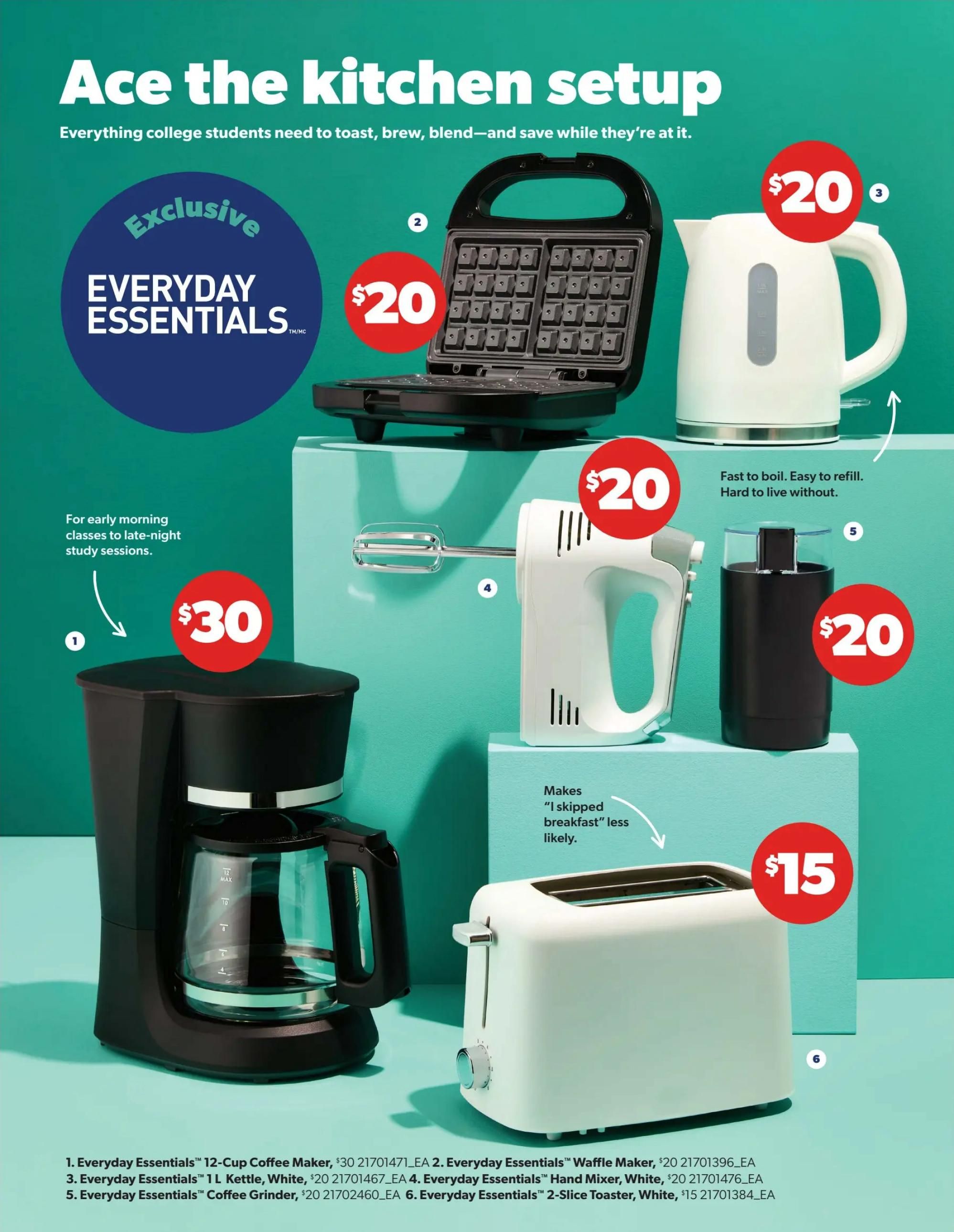 Real Canadian Superstore flyer, page 13, featuring 'Ace the kitchen setup' with Everyday Essentials products. Deals include: Everyday Essentials 12-Cup Coffee Maker for $30, Everyday Essentials Waffle Maker for $20, Everyday Essentials 1 L Kettle in White for $20, Everyday Essentials Hand Mixer in White for $20, Everyday Essentials Coffee Grinder for $20, and Everyday Essentials 2-Slice Toaster in White for $15. The page highlights kitchen appliances ideal for college students needing to toast, brew, and blend.