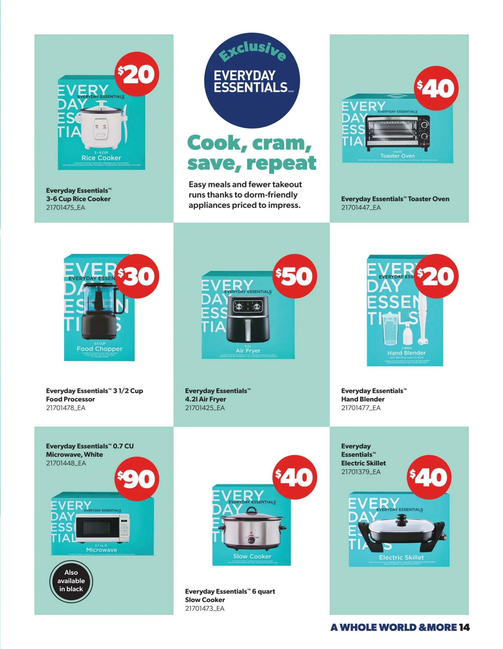 Real Canadian Superstore flyer, page 14, featuring Everyday Essentials kitchen appliances. Products include the 3-6 Cup Rice Cooker for $20, Toaster Oven for $40, 3 1/2 Cup Food Processor for $30, 4.2L Air Fryer for $50, 2-Speed Hand Blender for $20, 0.7 cu ft Microwave in white (also available in black) for $90, 6-quart Slow Cooker for $40, and an Electric Skillet for $40. The page highlights 'Cook, cram, save, repeat' with easy meals and dorm-friendly appliances.