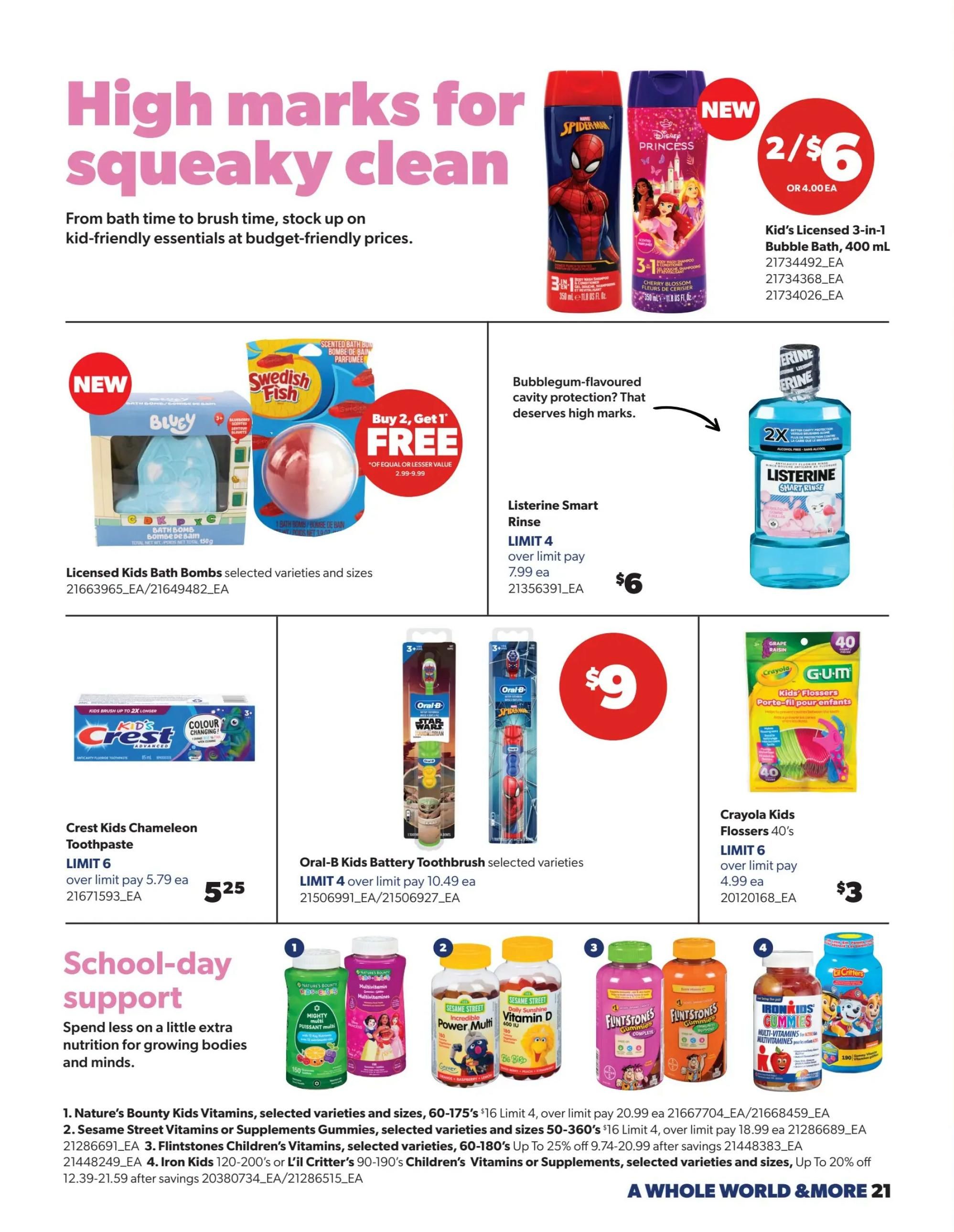 Real Canadian Superstore flyer, page 21, featuring 'High marks for squeaky clean' back-to-school essentials. Offers include Kid's Licensed 3-in-1 Bubble Bath (Spider-Man or Princess) at 2 for $6, with a limit of 4. New Licensed Kids Bath Bombs (Bluey or Swedish Fish) are Buy 2, Get 1 Free (of equal or lesser value, up to $9.99). Listerine Smart Rinse is $6 over limit pay of $7.99 each, with a limit of 4. Crest Kids Chameleon Toothpaste is $5.25, with a limit of 6. Oral-B Kids Battery Toothbrush (Star Wars or Spider-Man) is $9, with a limit of 4. Crayola Kids Flossers 40's are $3, with a limit of 6. The 'School-day support' section highlights vitamins and supplements: 1. Nature's Bounty Kids Vitamins (60-175's) are $16, limit 4. 2. Sesame Street Vitamins or Supplements Gummies (50-360's) are $16, limit 4. 3. Flintstones Children's Vitamins (60-180's) are up to 25% off, priced from $9.74-$20.99. 4. Iron Kids 120-200's or L'il Critter's 90-190's Children's Vitamins or Supplements are up to 20% off.