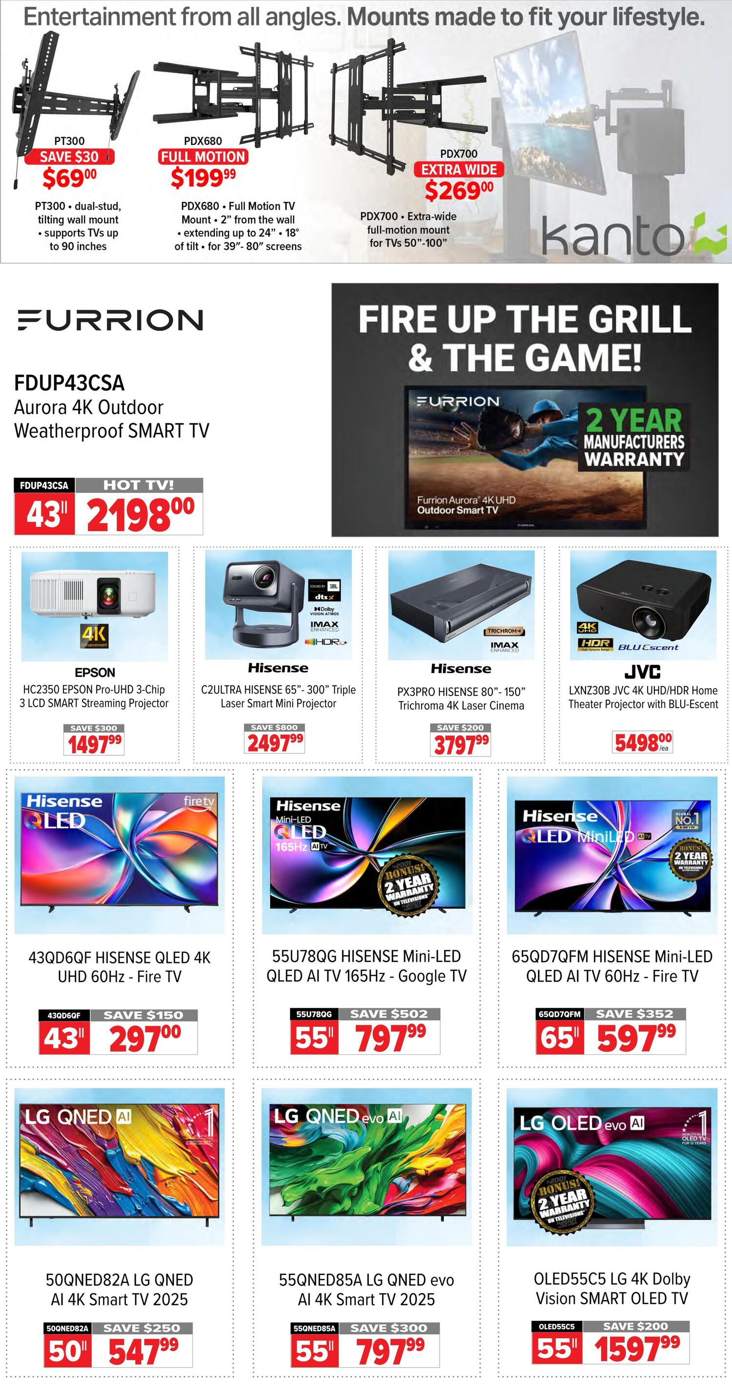 2001 Audio Video weekly flyer specials page 2 features entertainment mounts and TVs. Top section shows Kanto TV mounts: PT300 dual-stud tilting wall mount for up to 90 inches, on sale for $69.00 (save $30); PDX680 Full Motion TV Mount extending up to 24 inches from the wall with 18 degrees of tilt for 39'-80' screens, on sale for $199.99; and PDX700 Extra-wide Full Motion Mount for TVs 50'-100', on sale for $269.00. Below, a Furrion Aurora 4K Outdoor Weatherproof SMART TV is featured with a 2-year manufacturer's warranty. Also shown are projectors: Epson HC2350 Pro-UHD 3-Chip 3 LCD Smart Streaming Projector for $1497.99 (save $300); Hisense C2ULTRA Hisense 65'-300' Triple Laser Smart Mini Projector for $2497.99 (save $800); Hisense PX3PRO Hisense 80'-150' Trichroma 4K Laser Cinema for $3797.99 (save $200); and JVC LXNZ30B JVC 4K UHD/HDR Home Theater Projector with Blu-Escent for $5498.00. Several Hisense and LG TVs are also on sale: 43' Hisense QLED 4K UHD 60Hz - Fire TV (model 43QD6QOF) for $297.00 (save $150); 55' Hisense Mini-LED QLED AI TV 165Hz - Google TV (model 55U78QG) for $797.99 (save $502); 65' Hisense Mini-LED QLED AI TV 60Hz - Fire TV (model 65QD7QFM) for $597.99 (save $352); 50' LG QNED AI 4K Smart TV 2025 (model 50QNED82A) for $547.99 (save $250); 55' LG QNED evo AI 4K Smart TV 2025 (model 55QNED85A) for $797.99 (save $300); and 55' LG OLED evo AI 4K Dolby Vision SMART OLED TV (model OLED55C5) for $1597.99 (save $200), which includes a bonus 2-year warranty on televisions.