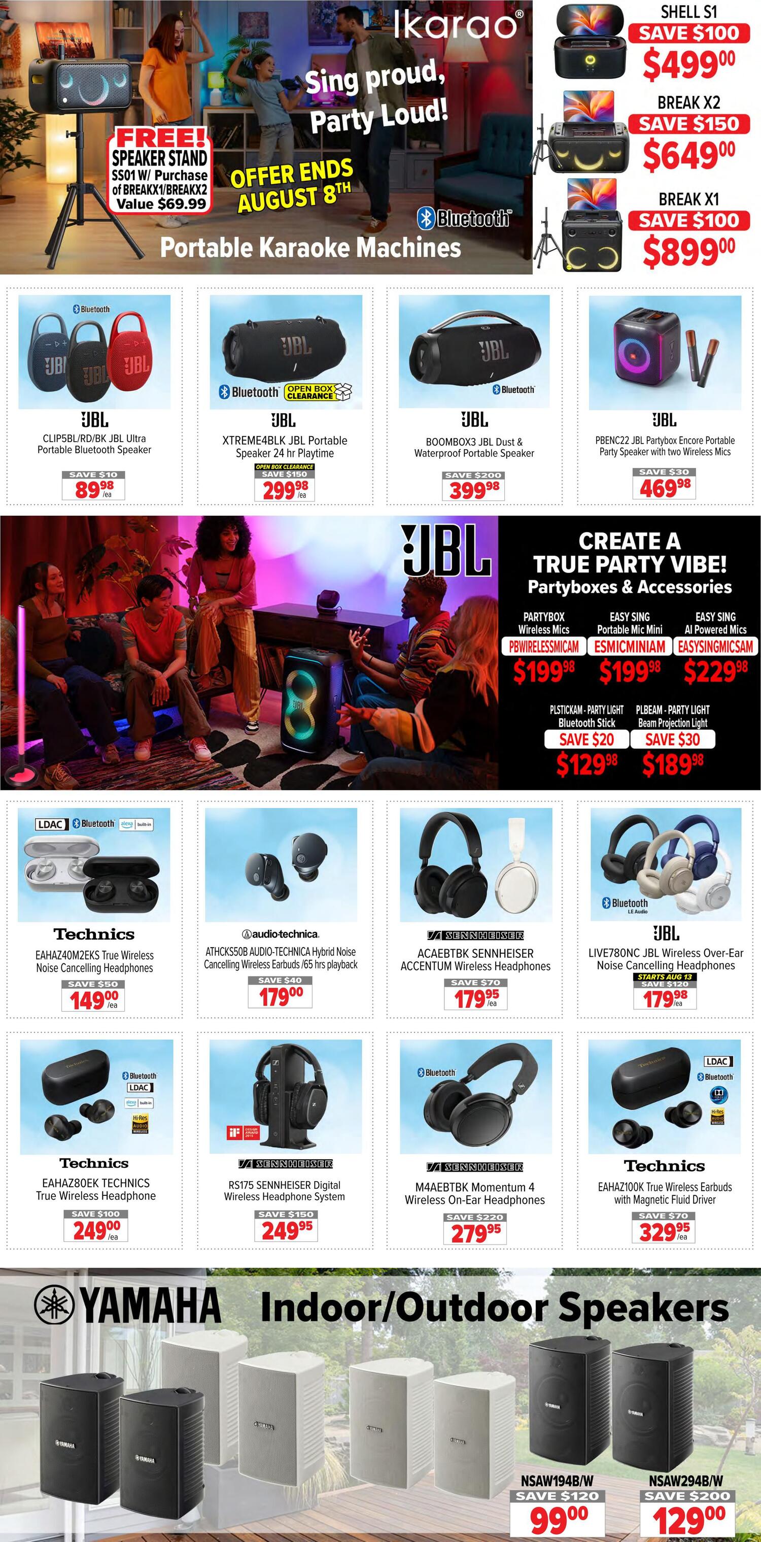 2001 Audio Video weekly flyer specials page 6 features portable karaoke machines and headphones. Top section highlights IKOARao karaoke machines: SHELL S1 for $499.00 (save $100), BREAK X2 for $649.00 (save $150), and BREAK X1 for $899.00 (save $100). A free speaker stand is offered with purchase of BREAKX1/BREAKX2, valued at $69.99. Offer ends August 8th. Featured JBL portable Bluetooth speakers include: CLIPSBLRD/BK Ultra Portable Bluetooth Speaker for $89.98 (save $10), XTREME4BLK Portable Speaker 24 hr Playtime for $299.98 (save $150), and BOOMBOX3 Dust & Waterproof Portable Speaker for $399.98 (save $200). Also available is the PBENC22 JBL Partybox Encore Portable Party Speaker with two wireless mics for $469.98 (save $30). The 'Create a True Party Vibe!' section showcases Partyboxes & Accessories: PARTYBOX WIRELESS MICS PBWIRLESMICAM for $199.98, EASY SING PORTABLE MIC MINI ESIMICMINIAM for $199.98, and EASY SING AI POWERED MICS EASYINGMICSAM for $229.98. PLSTICKAM - PARTY LIGHT Bluetooth Stick is $129.98 (save $20), and PLBEAM - PARTY LIGHT Beam Projection Light is $189.98 (save $30). Headphones and earbuds are also on sale: Technics EAH-AZ40M2EKS True Wireless Noise Cancelling Headphones for $149.00 (save $50), Audio-Technica ATHCKS50B AUDIO-TECHNICA Hybrid Noise Cancelling Wireless Earbuds / 65 hrs playback for $179.00 (save $40), SENNHEISER ACAEBTBK ACCENTUM Wireless Headphones for $179.95 (save $70), JBL LIVE780NC JBL Wireless Over-Ear Noise Cancelling Headphones for $179.98 (save $50), Technics EAH-AZ80EK TECHNICS True Wireless Headphone for $249.00 (save $100), SENNHEISER RS175 SENNHEISER Digital Wireless Headphone System for $249.95 (save $150), SENNHEISER M4AEBTBK Momentum 4 Wireless On-Ear Headphones for $279.95 (save $220), and Technics EAH-AZ100K True Wireless Earbuds with Magnetic Fluid Driver for $329.95 (save $70). The page concludes with Yamaha Indoor/Outdoor Speakers: NSAW194B/W for $99.00 (save $120) and NSAW294B/W for $129.00 (save $200).