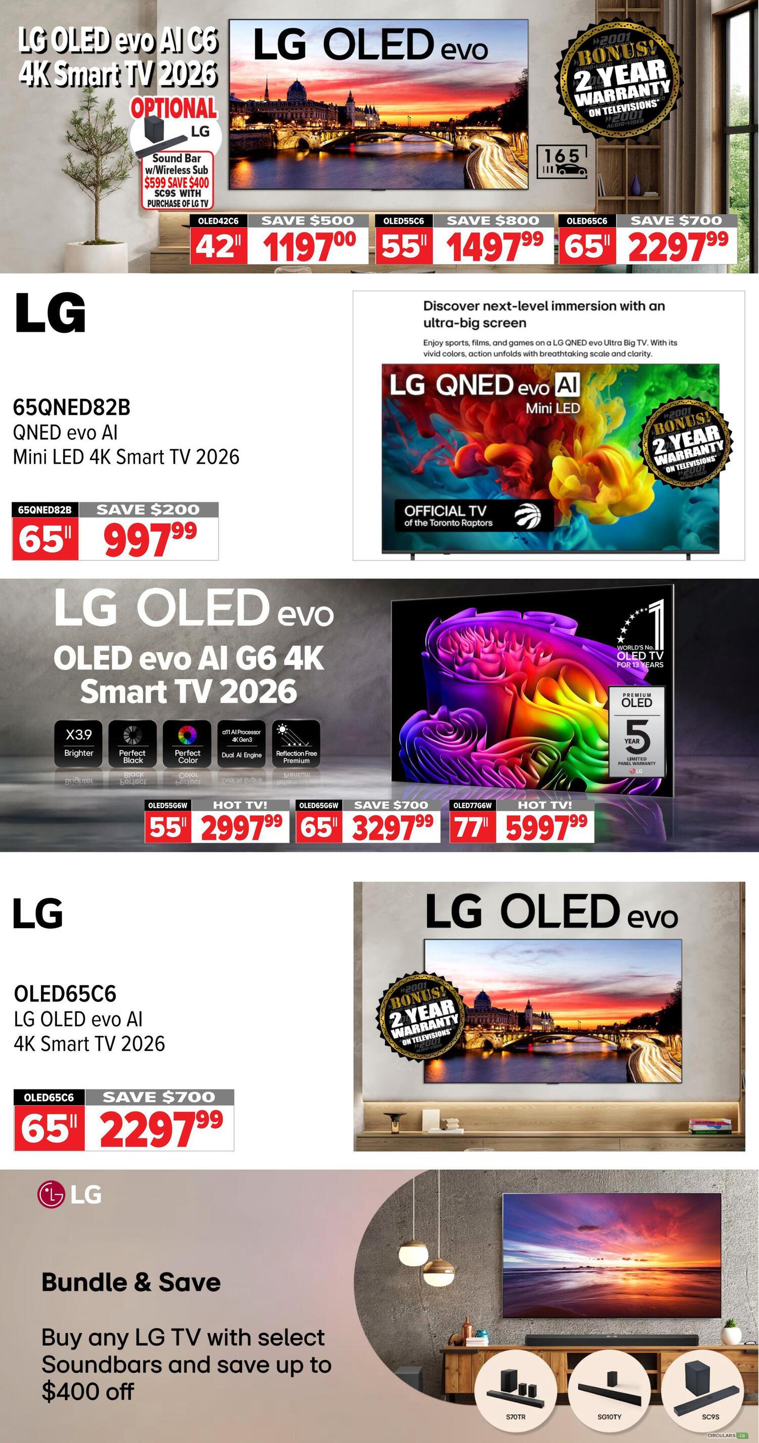 2001 Audio Video weekly flyer specials page 8 features LG OLED evo AI C6 4K Smart TVs with optional soundbar for $599, saving $400. A 42' OLED42C6 is $1197.00 (save $500), a 55' OLED55C6 is $1497.99 (save $800), and a 65' OLED65C6 is $2297.99 (save $700). Also featured is the LG QNED evo AI Mini LED 4K Smart TV 2026, model 65QNED82B, for $997.99 (save $200). The LG OLED evo AI G6 4K Smart TV 2026 is shown with features like X3.9 Brighter, Perfect Black, Perfect Color, a11 AI Processor 4K Gen3, and Reflection Free Premium. A 55' OLED55G6W is $2997.99, a 65' OLED65G6W is $3297.99 (save $700), and a 77' OLED77G6W is $5997.99. All featured LG TVs come with a bonus 2-year warranty. Additionally, bundle and save up to $400 when buying any LG TV with select soundbars, including models S70TR, SG10TY, and SC95.