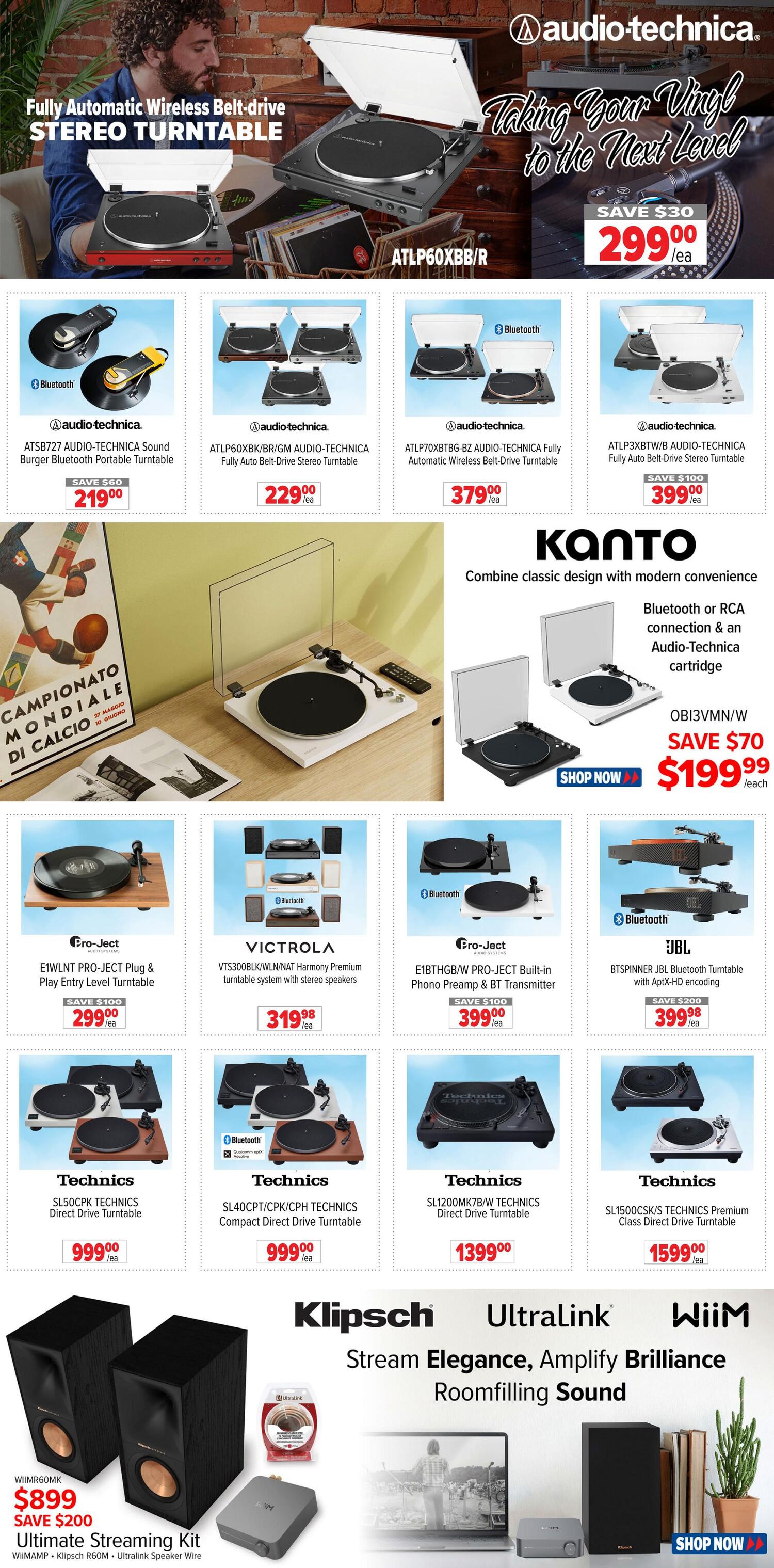 2001 Audio Video weekly flyer specials page 11 features a wide selection of turntables and audio equipment. Top banner showcases the Audio-Technica ATLP60XBB/R Fully Automatic Wireless Belt-drive Stereo Turntable for $299.00. Featured Audio-Technica turntables include the ATSB727 Sound Burger Bluetooth Portable Turntable for $219.00, the ATLP60XBK/BR/GM Fully Auto Belt-Drive Stereo Turntable for $229.00, the ATLP70XBTBG-BZ Fully Automatic Wireless Belt-Drive Turntable for $379.00, and the ATLP3XBTW/B Fully Auto Belt-Drive Stereo Turntable for $399.00. Kanto offers the OBI3VMN/W with Bluetooth or RCA connection and an Audio-Technica cartridge for $199.99, saving $70. Other turntables include the Pro-Ject E1WLNT PRO-JECT Plug & Play Entry Level Turntable for $299.00 (save $100), the Victrola VTS300BLK/W/LN/NAT Harmony Premium Turntable system with stereo speakers for $319.98, the Pro-Ject E1BTHGB/W PRO-JECT Built-in Phono Preamp & BT Transmitter for $399.00 (save $100), and the JBL BTSPINNER JBL Bluetooth Turntable with AptX-HD encoding for $399.98 (save $200). Technics direct drive turntables are also featured: SL50CPK for $999.00, SL40CPT/CPK/CPH for $999.00, SL1200MK7B/W for $1399.00, and SL1500CSK/S Premium Class Direct Drive Turntable for $1599.00. The page also highlights Klipsch, Ultralink, and WiiM products, including the WiiMR60MK Ultimate Streaming Kit for $899.00 (save $200).