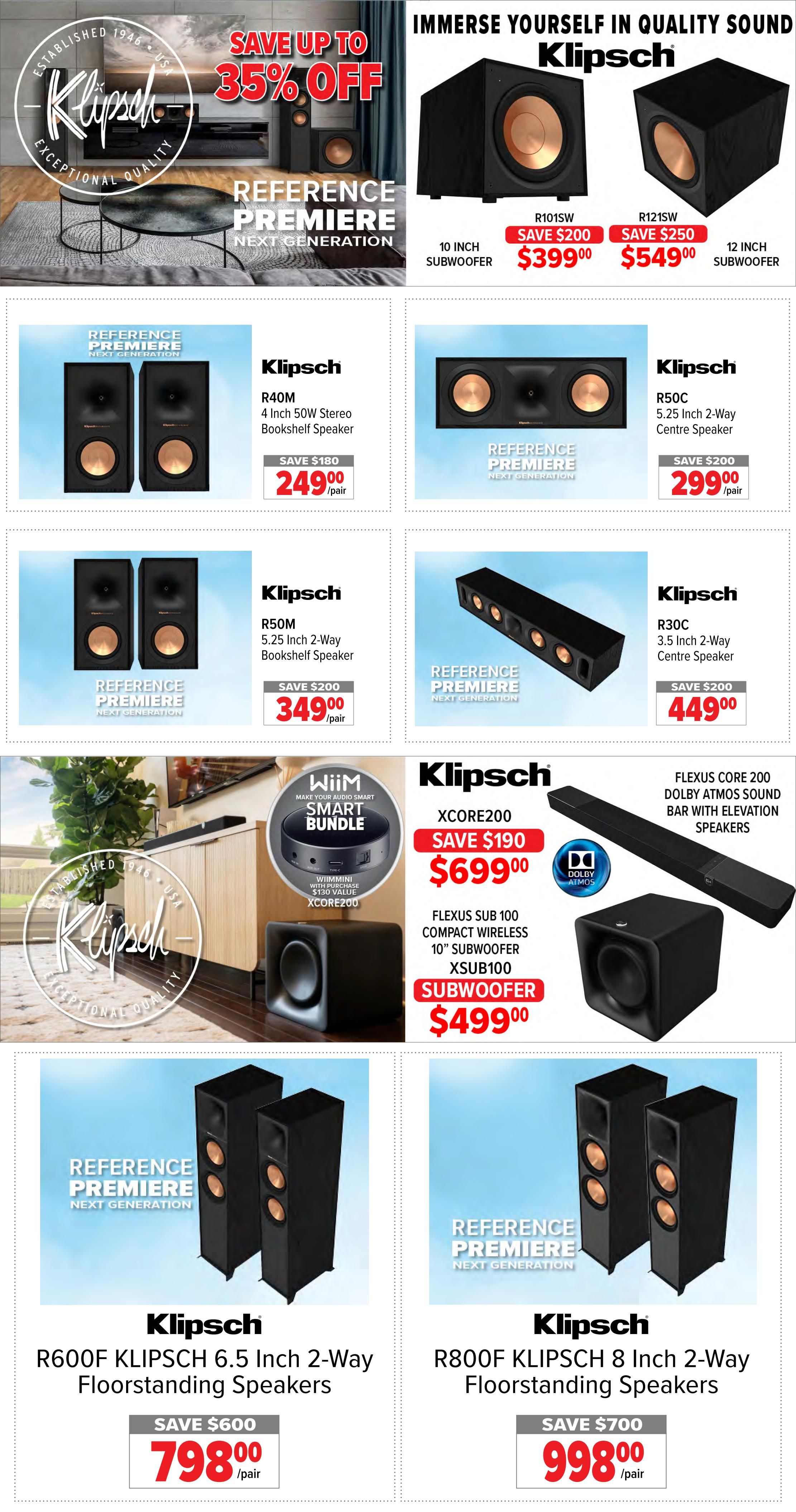 2001 Audio Video flyer page 12 featuring Klipsch audio products with savings up to 35% off. Featured items include Klipsch R101SW 10-inch subwoofer for $399.00 (save $200), R121SW 12-inch subwoofer for $549.00 (save $250), R40M 4-inch 50W stereo bookshelf speakers for $249.00/pair (save $180), R50C 5.25-inch 2-way centre speaker for $299.00/pair (save $200), R50M 5.25-inch 2-way bookshelf speaker for $349.00/pair (save $200), and R30C 3.5-inch 2-way centre speaker for $449.00/pair (save $200). Also available is the Klipsch XCORE200 soundbar with elevation speakers for $699.00 (save $190) and the FLEXUS SUB 100 compact wireless 10-inch subwoofer XSUB100 for $499.00. Floorstanding speakers include the R600F Klipsch 6.5-inch 2-way floorstanding speakers for $798.00/pair (save $600) and R800F Klipsch 8-inch 2-way floorstanding speakers for $998.00/pair (save $700). A Wiim smart bundle with Wiimini and $130 value XCORE200 is also featured.
