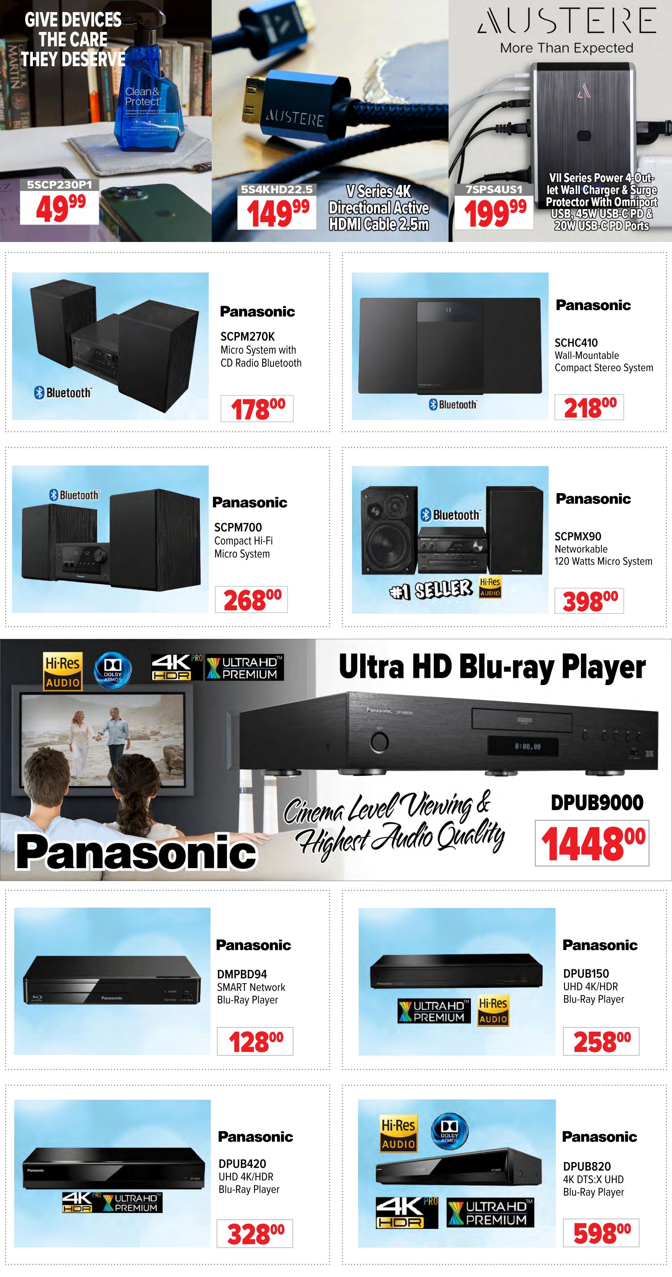 2001 Audio Video weekly flyer specials page 13 features a selection of electronics. Top row includes a cleaning spray for devices for $49.99, an Austere V Series 4K Directional Active HDMI Cable 2.5m for $149.99, and an Austere VII Series Power 4-Outlet Wall Charger & Surge Protector with Omniport USB, 45W USB-C PD & 20W USB-C PD Ports for $199.99. Below are Panasonic audio systems: the SCPM270K Micro System with CD Radio Bluetooth for $178.00, the SCHC410 Wall-Mountable Compact Stereo System for $218.00, the SCPM700 Compact Hi-Fi Micro System for $268.00, and the SCPMX90 Networkable 120 Watts Micro System for $398.00. The page also highlights Panasonic Ultra HD Blu-ray Players, including the DPUB9000 for $1448.00, the DMPBD94 SMART Network Blu-Ray Player for $128.00, the DPUB150 UHD 4K/HDR Blu-Ray Player for $258.00, the DPUB420 UHD 4K/HDR Blu-Ray Player for $328.00, and the DPUB820 4K DTS:X UHD Blu-Ray Player for $598.00.