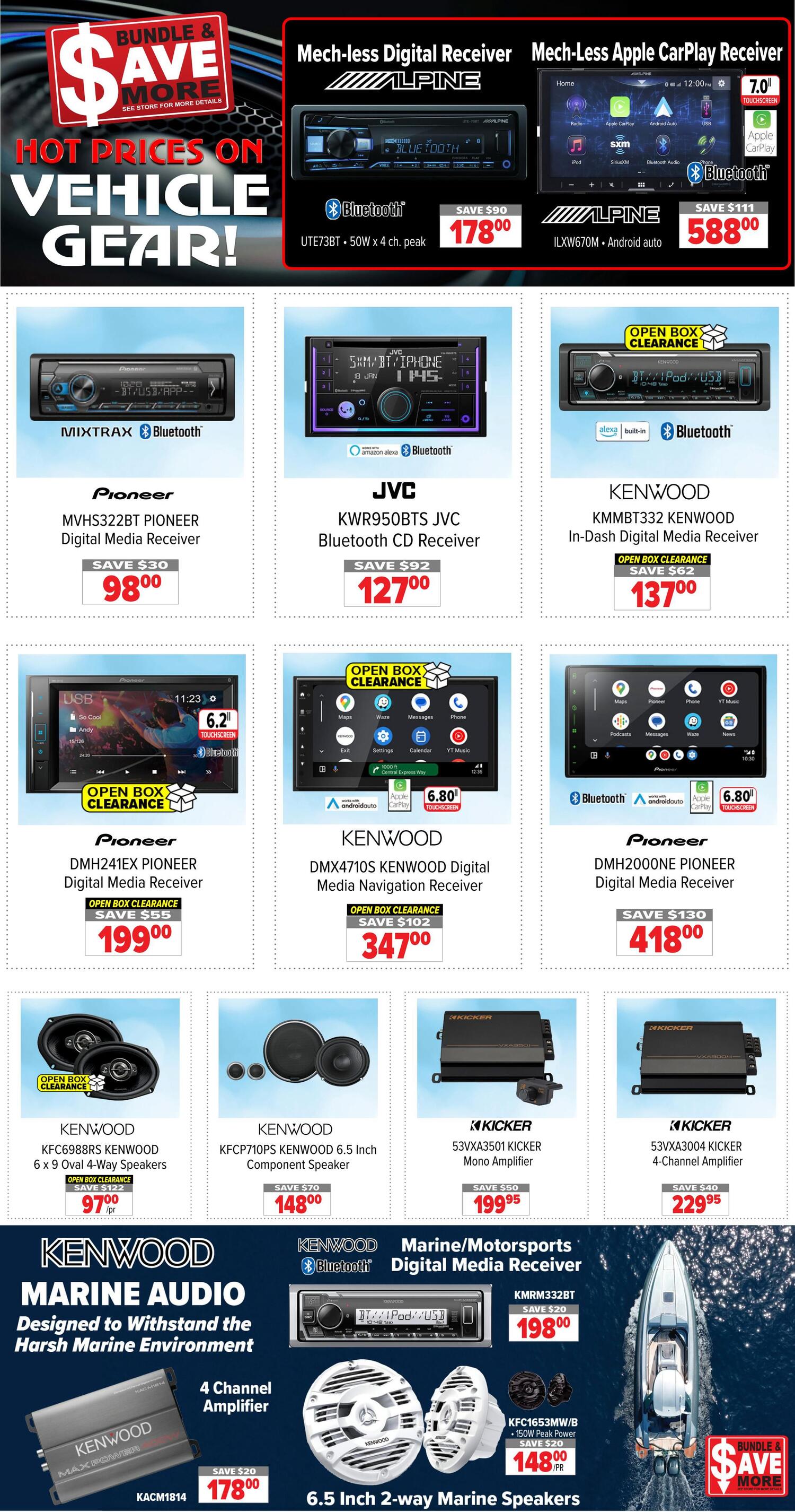 2001 Audio Video weekly flyer specials page 14 features hot prices on vehicle gear. Top row includes Alpine Mech-less Digital Receiver UTE73BT for $178.00 with a $90 saving, and Alpine Mech-less Apple CarPlay Receiver ILXW670M for $588.00 with a $111 saving. Second row showcases Pioneer MVHS322BT Digital Media Receiver for $98.00 with a $30 saving, JVC KWR950BTS Bluetooth CD Receiver for $127.00 with a $92 saving, and Kenwood KMMBT332 In-Dash Digital Media Receiver (Open Box Clearance) for $137.00 with a $62 saving. Third row features Pioneer DMH241EX Digital Media Receiver (Open Box Clearance) for $199.00 with a $55 saving, Kenwood DMX4710S Digital Media Navigation Receiver (Open Box Clearance) for $347.00 with a $102 saving, and Pioneer DMH2000NE Digital Media Receiver for $418.00 with a $130 saving. Fourth row includes Kenwood KFC698RS 6x9 Oval Speakers (Open Box Clearance) for $97.00/pr with a $122 saving, Kenwood KFCP710PS 6.5 Inch Component Speaker for $148.00 with a $70 saving, Kicker 53VX3501 Mono Amplifier for $199.95 with a $50 saving, and Kicker 53VX3004 4-Channel Amplifier for $229.95 with a $40 saving. The bottom section highlights Kenwood Marine Audio, including a 4 Channel Amplifier KACM1814 for $178.00 with a $20 saving, a Kenwood KMRM332BT Marine/Motorsports Digital Media Receiver for $198.00 with a $20 saving, and Kenwood KFC1653MW/B 6.5 Inch 2-way Marine Speakers for $148.00/pr with a $20 saving.