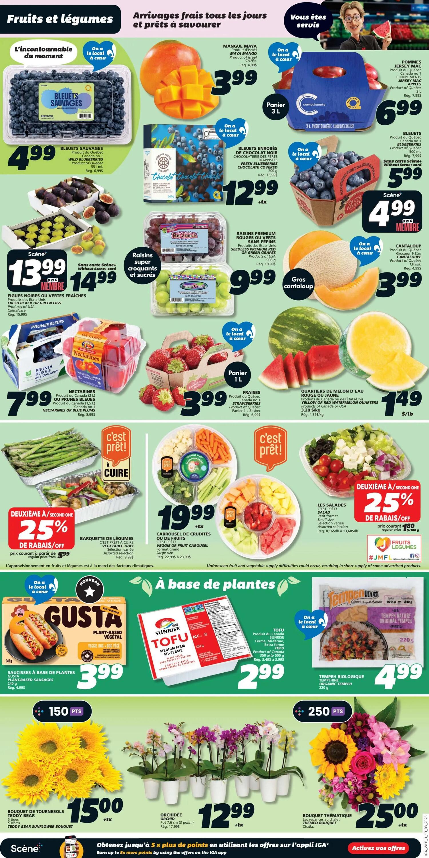 IGA Weekly Flyer Specials Page 3 features a variety of fresh fruits and vegetables. Top row includes: Wild Blueberries for $4.99, Mangoes for $3.99, and a 3L bag of Compliments Jersey Mac Apples for $6.99. Middle row showcases: Chocolate-covered Blueberries for $12.99, Premium Red or Green Seedless Grapes for $9.99, and Cantaloupe for $3.99. Bottom row offers: Fresh Black or Green Figs for $13.99 (Scène card price) or $14.99, Nectarines or Blue Plums for $7.99, and Strawberries for $3.99. Also featured are a Vegetable Tray for $19.99 and a Veggie or Fruit Carousel for $19.99. Plant-based items include Gusta Plant-Based Sausages for $3.99, Sunrise Medium Firm Tofu for $2.99, and Tempeh Organic Tempeh for $4.99. Floral arrangements include a Teddy Bear Sunflower Bouquet for $15.00 and Orchids for $12.99. A Thematic Bouquet is priced at $25.00. Special offers include 25% off Vegetable Trays and Salads.