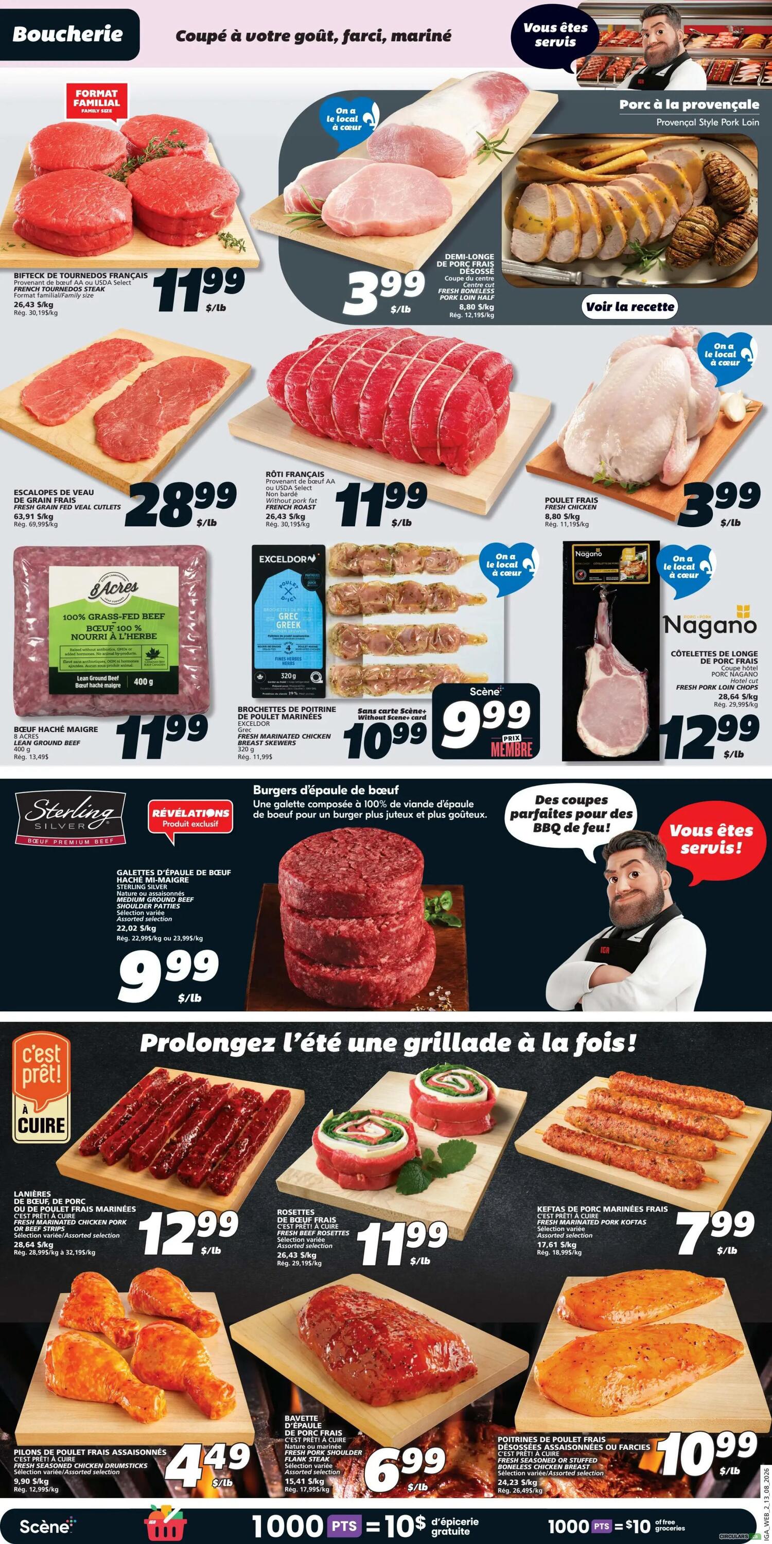 IGA Weekly Flyer Specials Page 5 features a variety of meat products. Top row includes French 'Bifteck de Tournedos' beef steaks for $11.99/lb, fresh pork loin half for $3.99/lb, and a sliced 'Pork à la Provençale' loin. Middle row showcases 'Escalopes de Veau de Grain Frais' (Fresh Grain Fed Veal Cutlets) for $28.99/lb, French Roast beef for $11.99/lb, 'Poulet Frais' (Fresh Chicken) for $3.99/lb, 'Brochettes de Poitrine de Poulet Marinées' (Marinated Chicken Breast Skewers) for $10.99 without Scene card, and 'Côtelettes de Longe de Porc Frais' (Fresh Pork Loin Chops) for $12.99/lb. The bottom section highlights 'Bœuf Haché Maigre' (Lean Ground Beef) for $11.99, 'Galettes d'Épaule de Bœuf' (Beef Shoulder Patties) for $9.99/lb, and a 'Burgers d'épaule de bœuf' (Beef Shoulder Burgers) promotion. The lower part of the page, under the heading 'Prolongez l'été une grillade à la fois!' (Extend summer with a grill!), features 'Lanières de Porc ou de Poulet Frais Marinées' (Marinated Pork or Fresh Chicken Strips) for $12.99/lb, 'Rosettes de Bœuf Frais' (Fresh Beef Rosettes) for $11.99/lb, 'Koftas de Porc Marinées Frais' (Fresh Marinated Pork Koftas) for $7.99/lb, 'Pilons de Poulet Frais Assaisonnés' (Seasoned Chicken Drumsticks) for $4.49/lb, 'Bavette d'Épaule de Porc Frais' (Fresh Pork Shoulder Steak) for $6.99/lb, and 'Poitrines de Poulet Frais Désossées ou Farceés' (Boneless or Stuffed Fresh Chicken Breasts) for $10.99/lb. The page also promotes 1000 Scene points for $10 of free groceries.